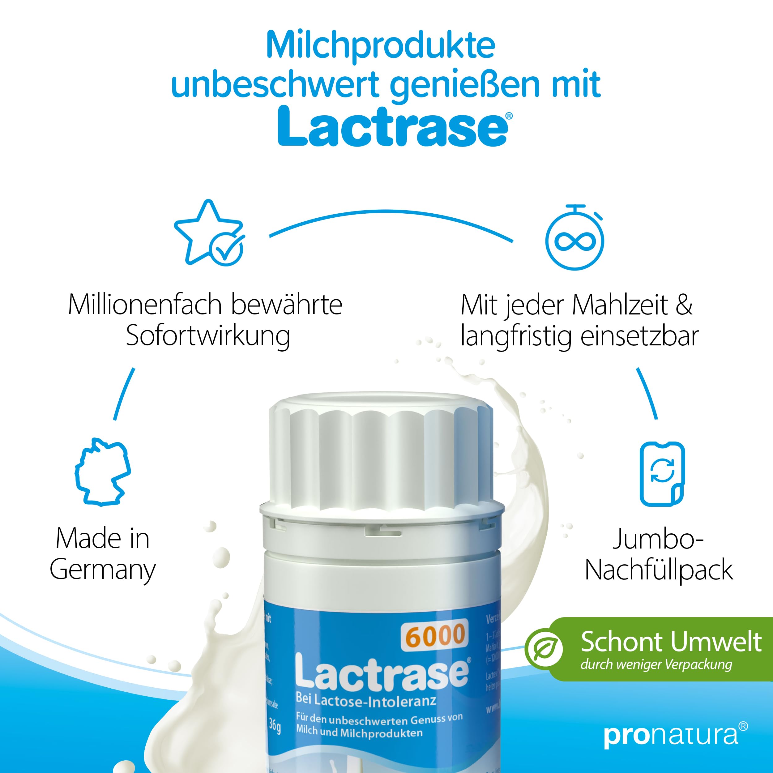 pro natura Lactrase 6000 – Nachfüll-Pack für Klickspender, 480 Lactase Tabletten bei Lactose-Intoleranz, für den unbeschwerten Genuss von Milch und Milchprodukten