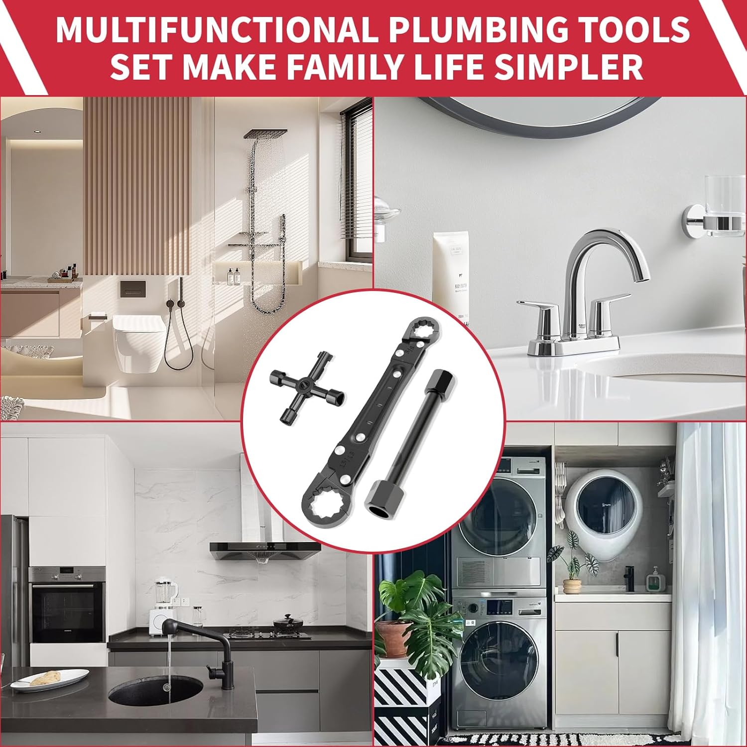 Plumbing Tools Angle Stop Wrench Kit - 3-Piece Plumber Tool Set with Compression Sleeve Puller & 4-Way Sillcock Key - Fits 3/8" & 1/2" MPT Ferrule Removal Tool for Tight Spaces Under Sink-Black