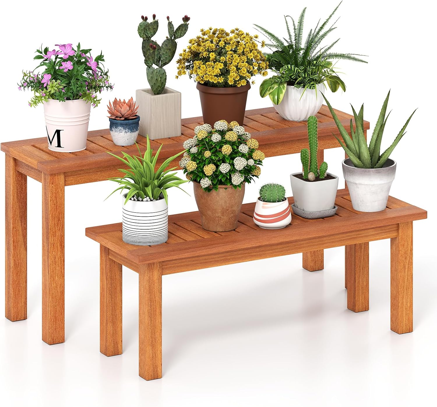 Tangkula Wooden Plant Stand Set of 2, Outdoor Indoor Solid Wood Flower Pot Holder Display Shelf w/ Teak Oil Finish, Slatted Top, Rustic Plant Rack for Patio Garden Entryway Front Porch