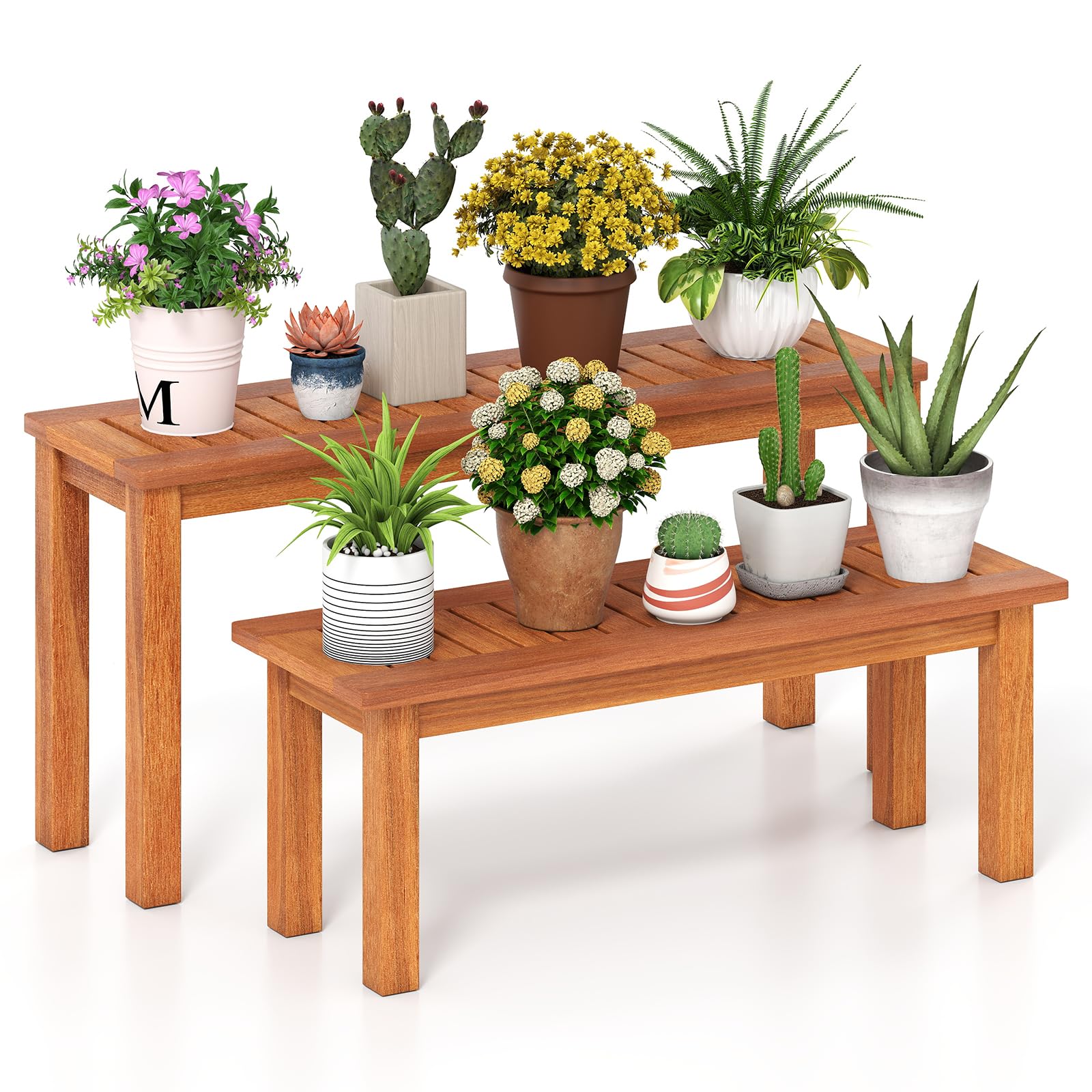 Tangkula Wooden Plant Stand Set of 2, Outdoor Indoor Solid Wood Flower Pot Holder Display Shelf w/ Teak Oil Finish, Slatted Top, Rustic Plant Rack for