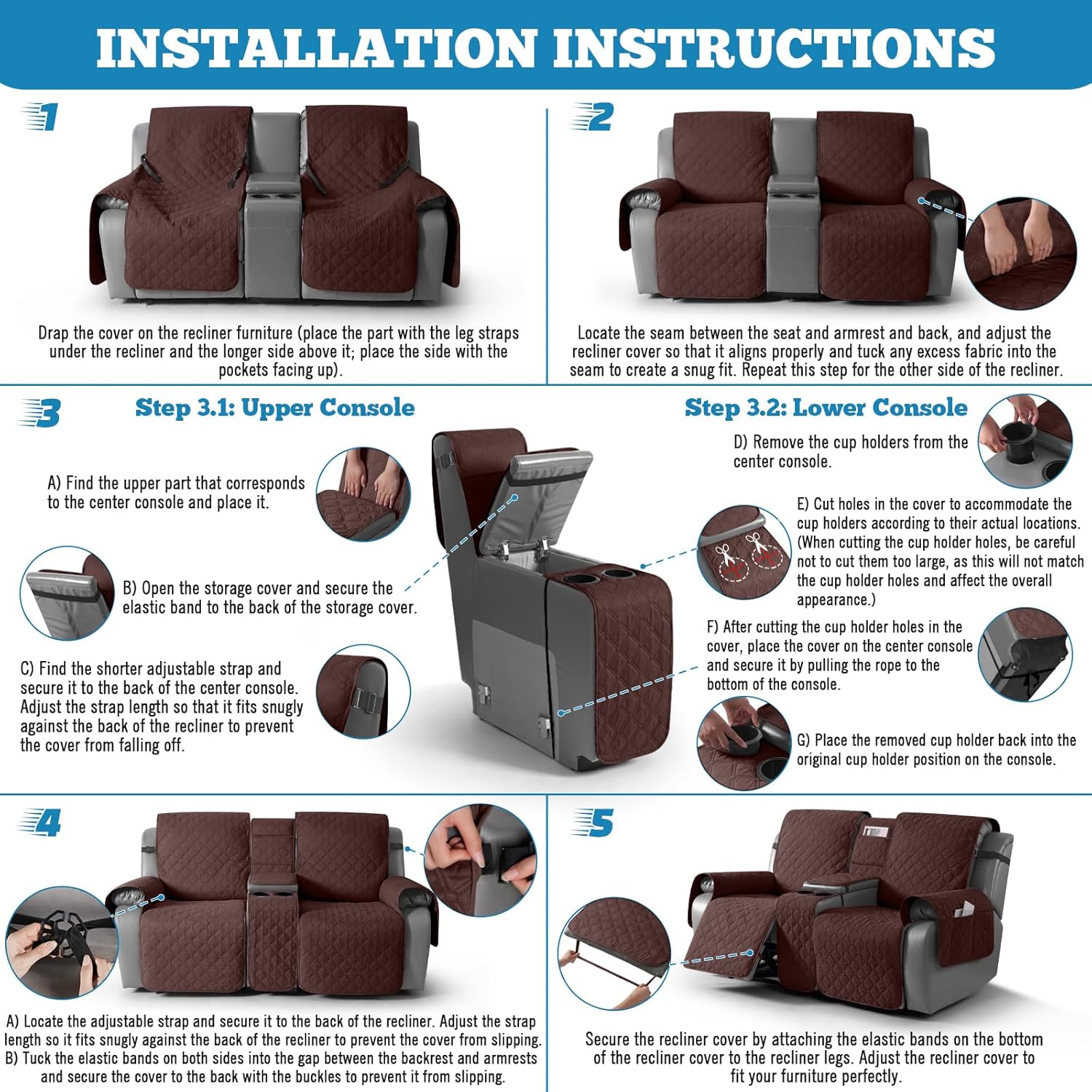 TAOCOCO 100% Waterproof Loveseat Recliner Cover with Center Console, Reversible Reclining Couch Cover for 2 Seats with Leg Straps, Washable Split Sofa Cover Protector for Pets Kids (Coffee)