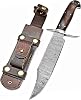 TIGEROUS Bowie Knife, Full Tang Fixed Blade Knife, Wood Handle Handmade Damascus Steel Hunting Knife with Scout Horizontal Carry Leather Sheath for Camping, Hiking, Survival