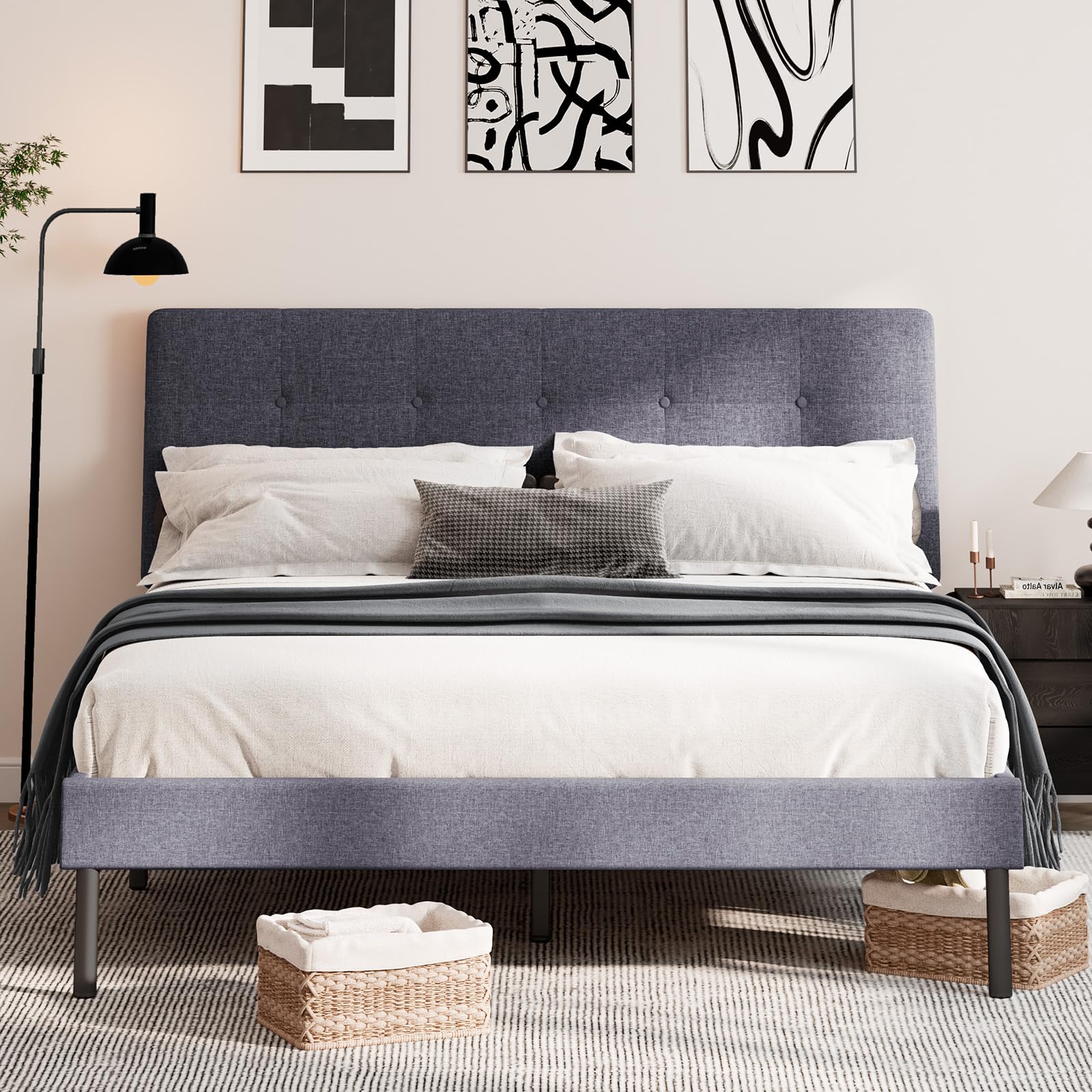 ROWHY Queen Bed Frame with Headboard, Upholstered Bed Frame Queen Size with Wood Slats, Easy Assembly, No Box Spring Needed, Dark Gray