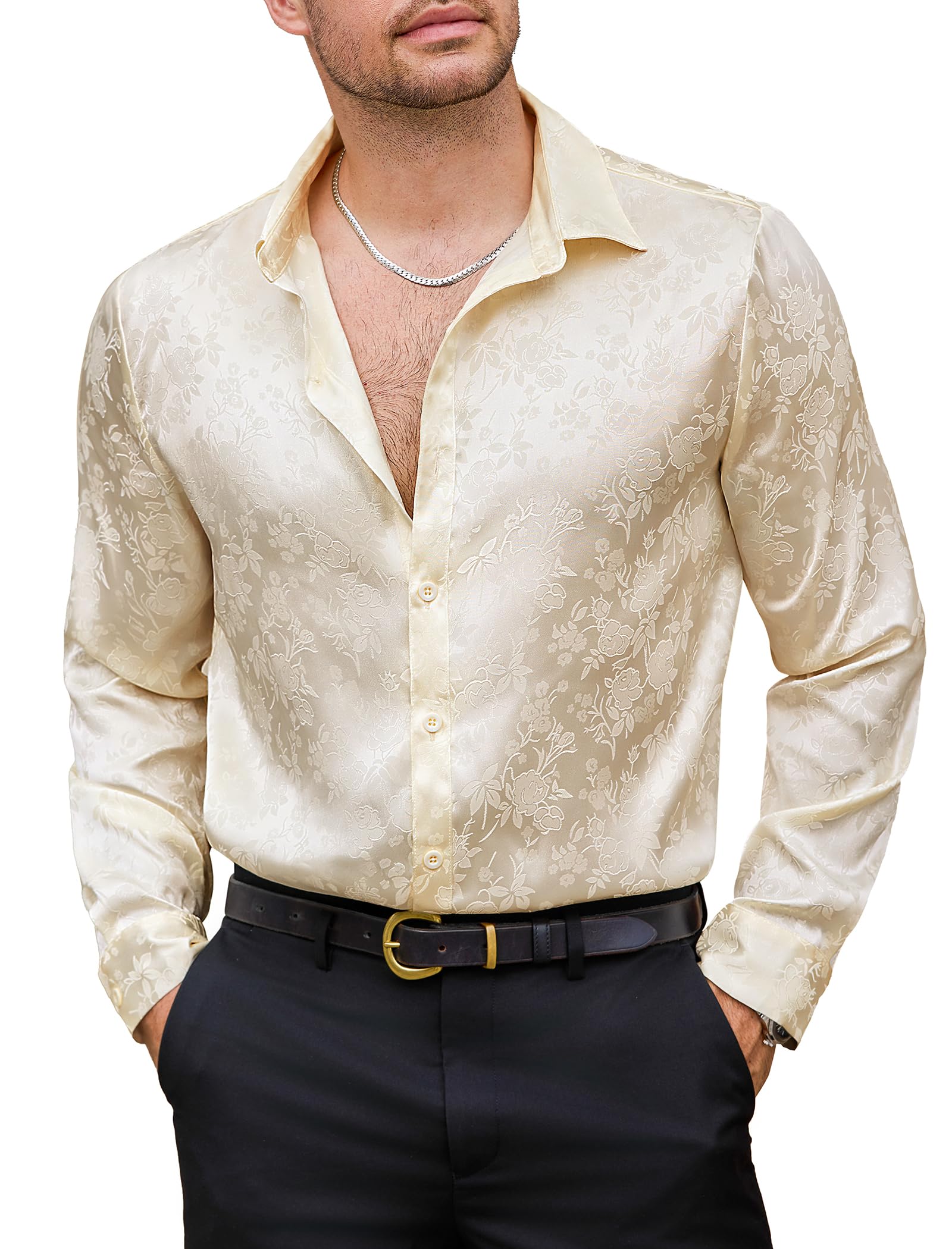 Vssjavun Mens Satin Dress Shirts Long Sleeve Silk Shirt Shiny Luxury Button Up Floral Shirt Party Prom Wedding Shirts