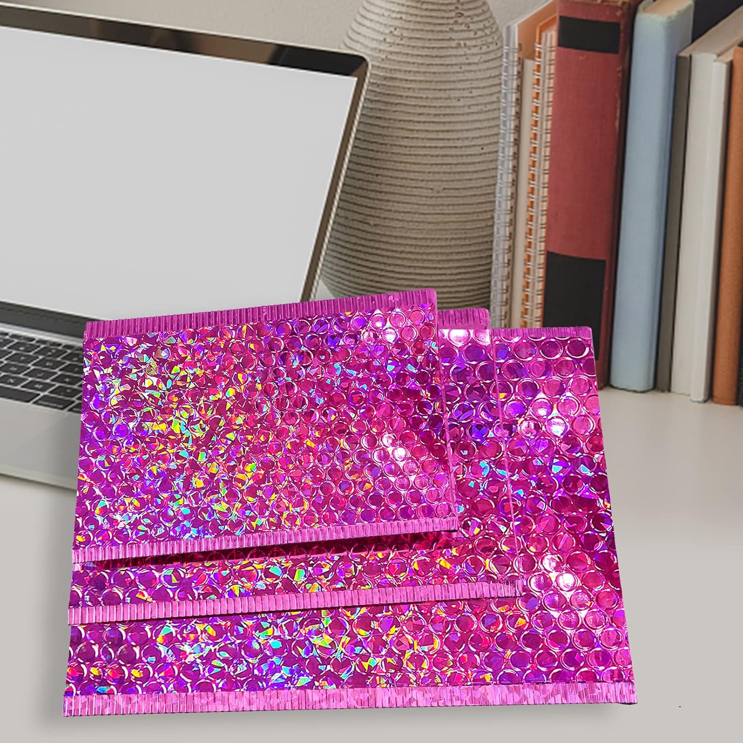 50 Pcs Metallic Bubble Mailers,Holographic Bubble Mailers,Poly Padded Envelopes,Waterproof Self Seal Adhesive Shipping Bags,Holographic Envelopes for Mailing,Packing,Small Business,Thicken (Rose Red)