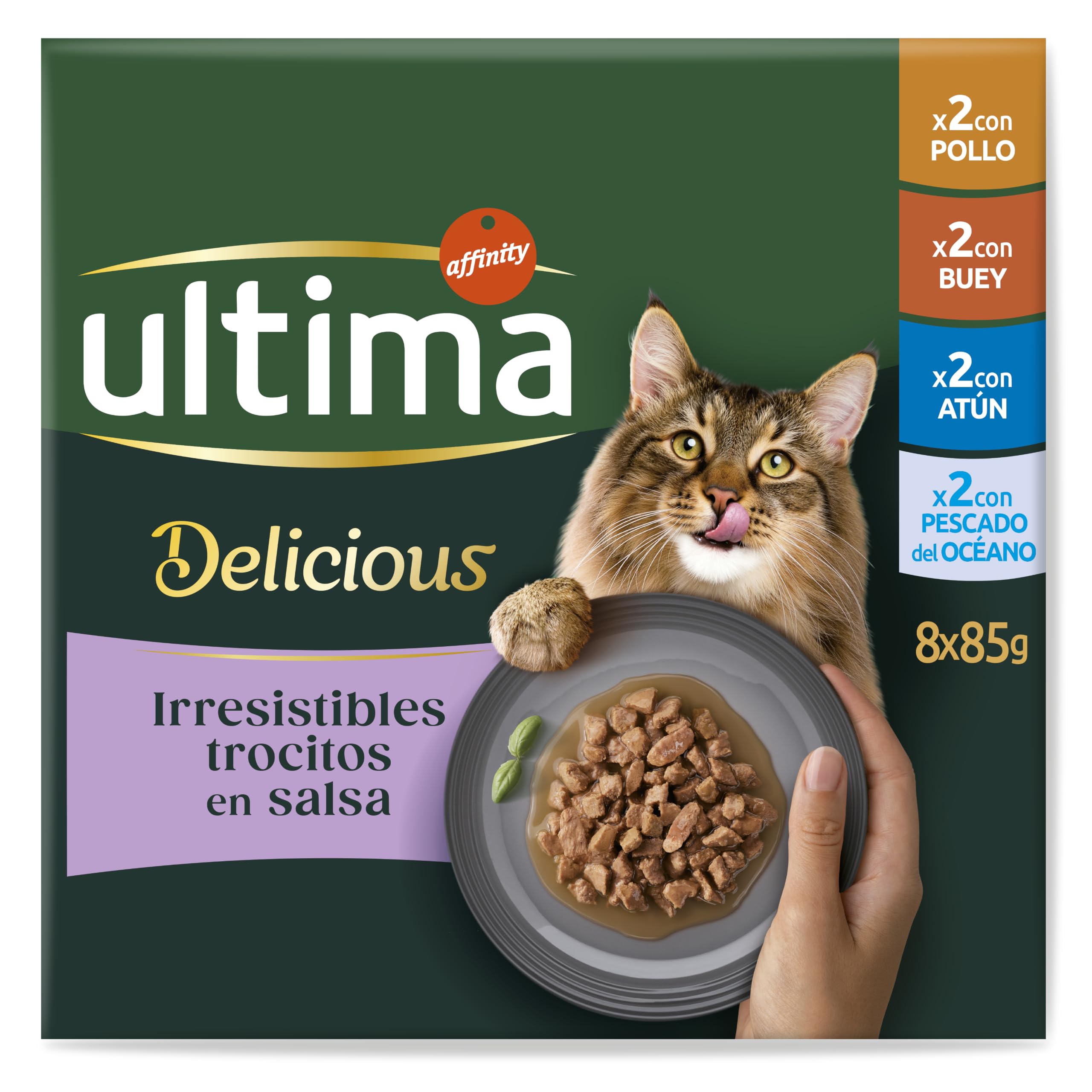 Ultima Fit & Delicious - Comida húmeda para Gatos Esterilizados - Multipack de 8x85g (Pollo, Buey, Atún, Pescado del Océano) - Caja de 8 x(8x85g)