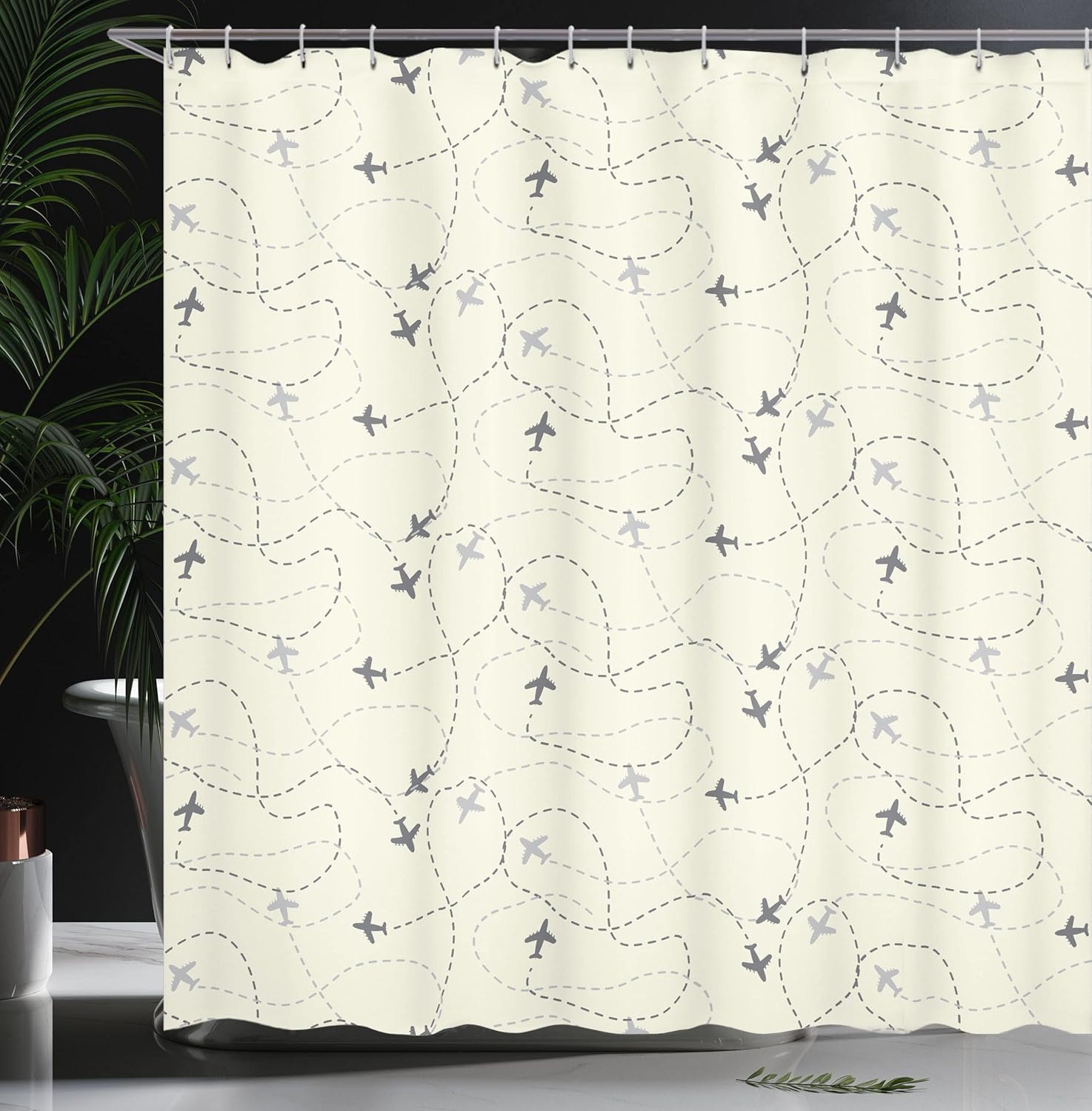 Ambesonne Airplane Print Shower Curtain, Minimalist Modern Pattern of Traveling Themed Silhouettes Simple Ornament, Cloth Fabric Bathroom Decor Set with Hooks, 69" W x 84" L, Cream Grey