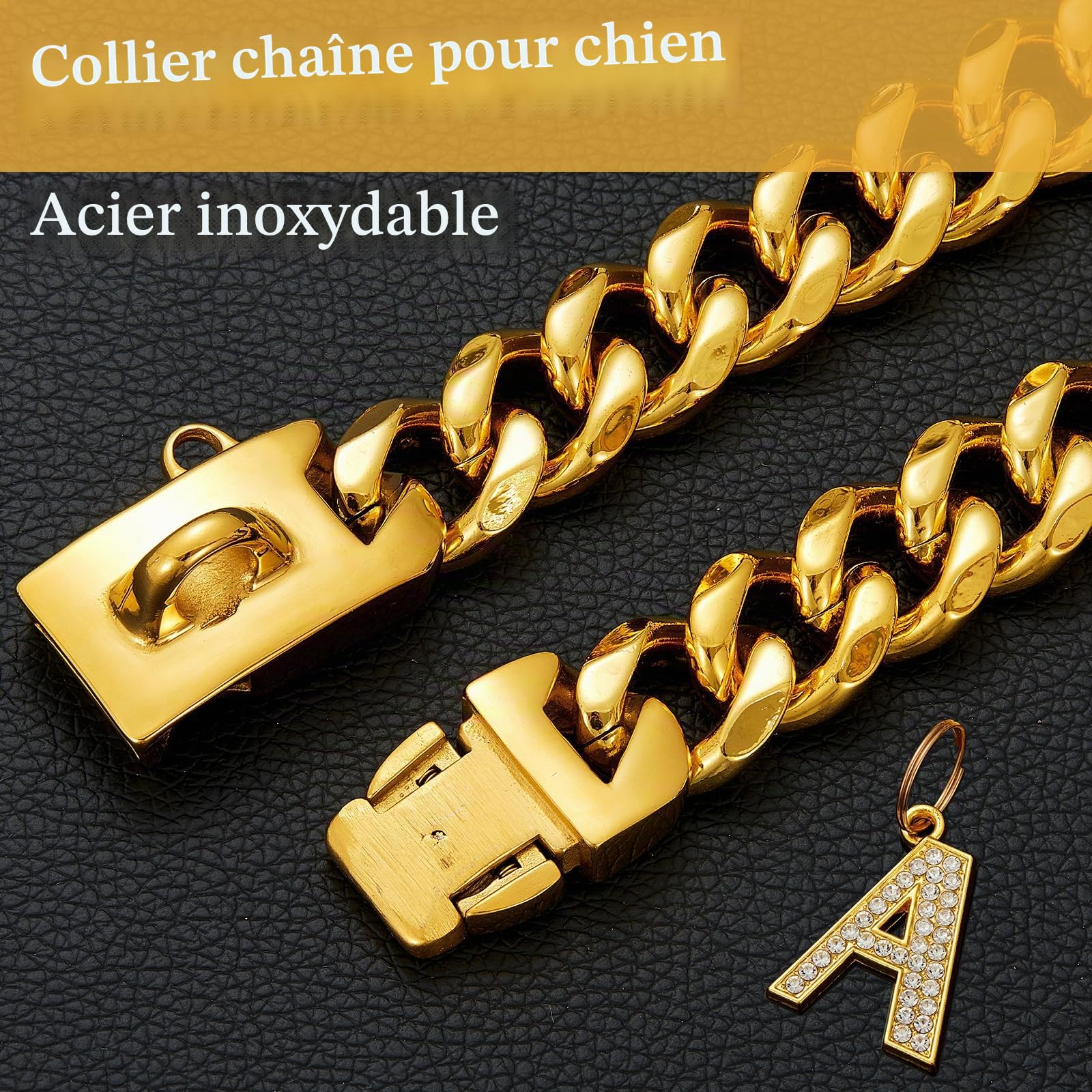 Collier doré pour chien avec pendentif, collier en métal et acier inoxydable de 19 mm de large, maille lourde cubaine, colliers robustes et résistants à la mastication pour chiens de taille moyenne et