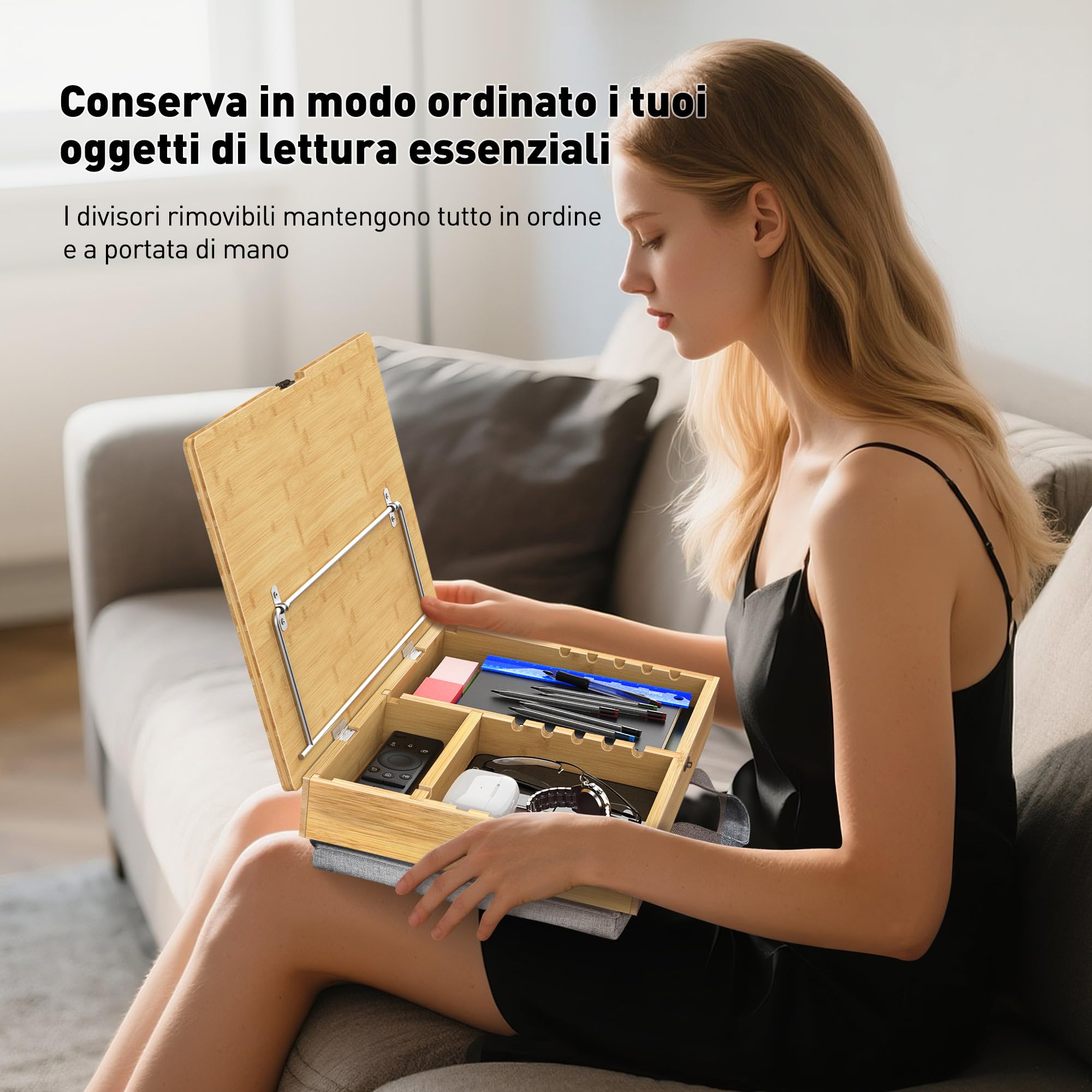 AboveTEK Leggio in Bambù con Cuscino Morbido, Supporto Regolabile con Scomparto, Porta Libro da Letto, Scrivania e Cucina, Leggio per Lettura Mani Libere e Porta Ricettario