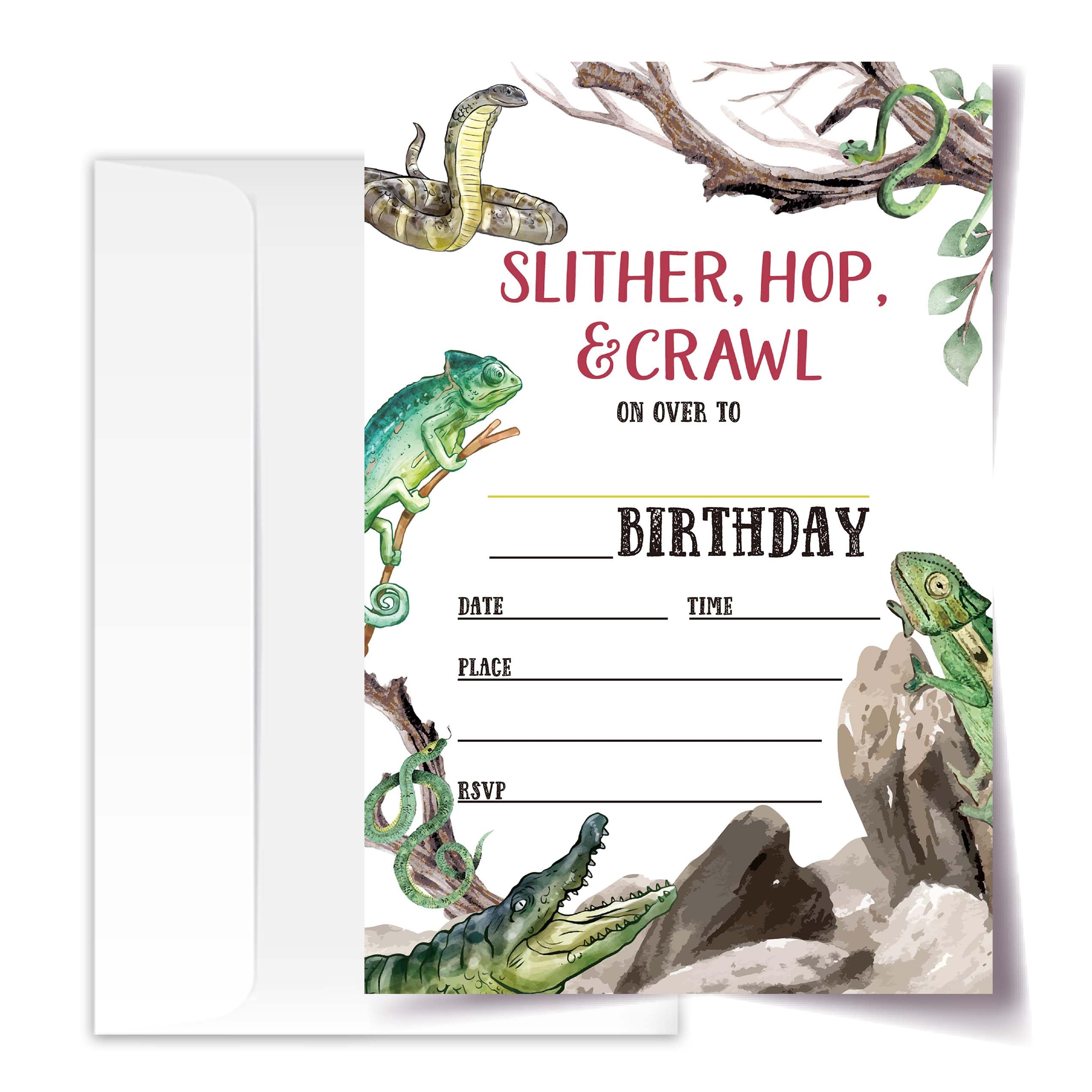Reptile Birthday Invitation Cards with Envelopes Pack of 20 (4"x6"), Party Invitations for Boys, Girls, Kids, Teens, Slither, Hop and Crawl, Lizard