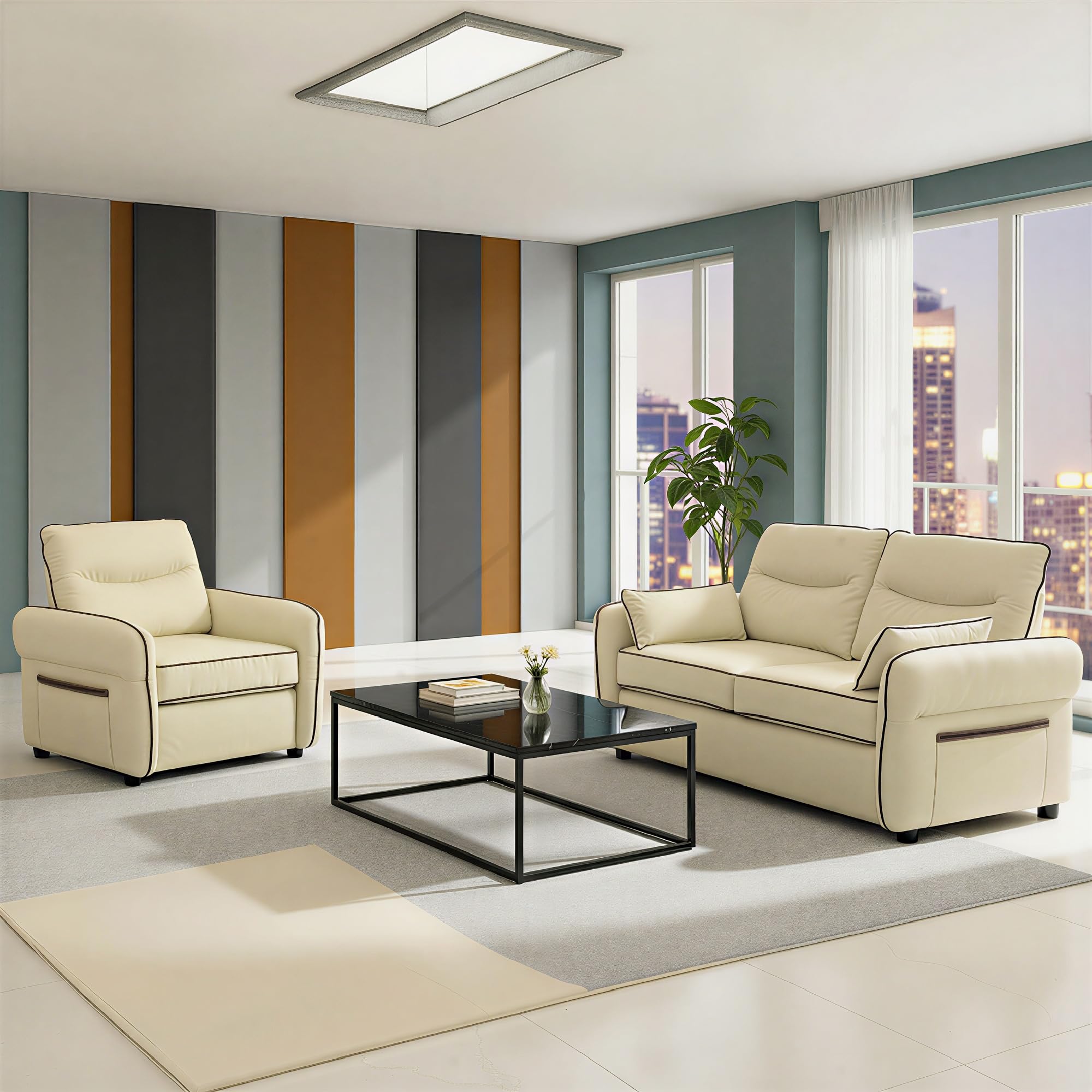 HOMCOM Sofá de 3 Plazas Tapizado en Cuero Sintético 190x83x90 cm Beige | Sofá de Salón Moderno, Acolchado Grueso, Asiento Ancho, Reposabrazos y Bolsillo Lateral, Montaje Rápido, 2 Almohadas