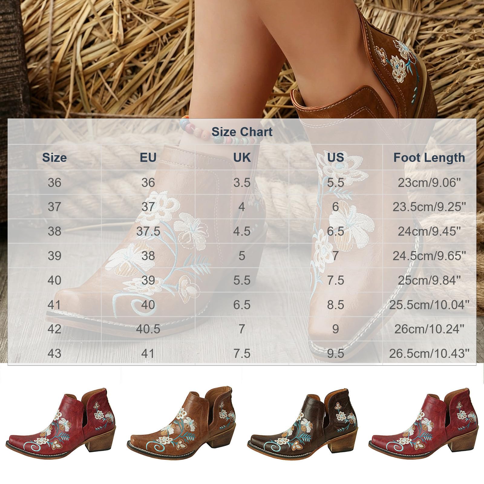 Bottines Femme en Simili Cuir, Broderies Style Western, Talon Bloc Moyen