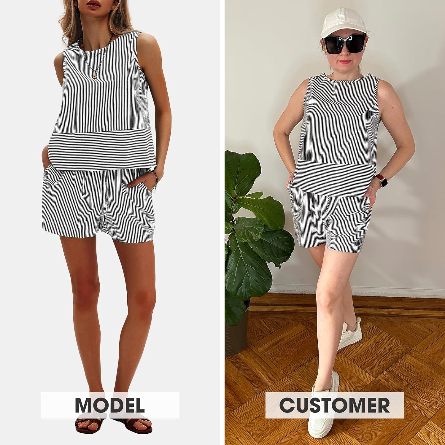 EXLURA Womens 100% Cotton Summer 2 Piece Outfits Sleeveless Tank Tops Matching Shorts Sets Striped Cruise Beach Vacation 2026 - Image 2