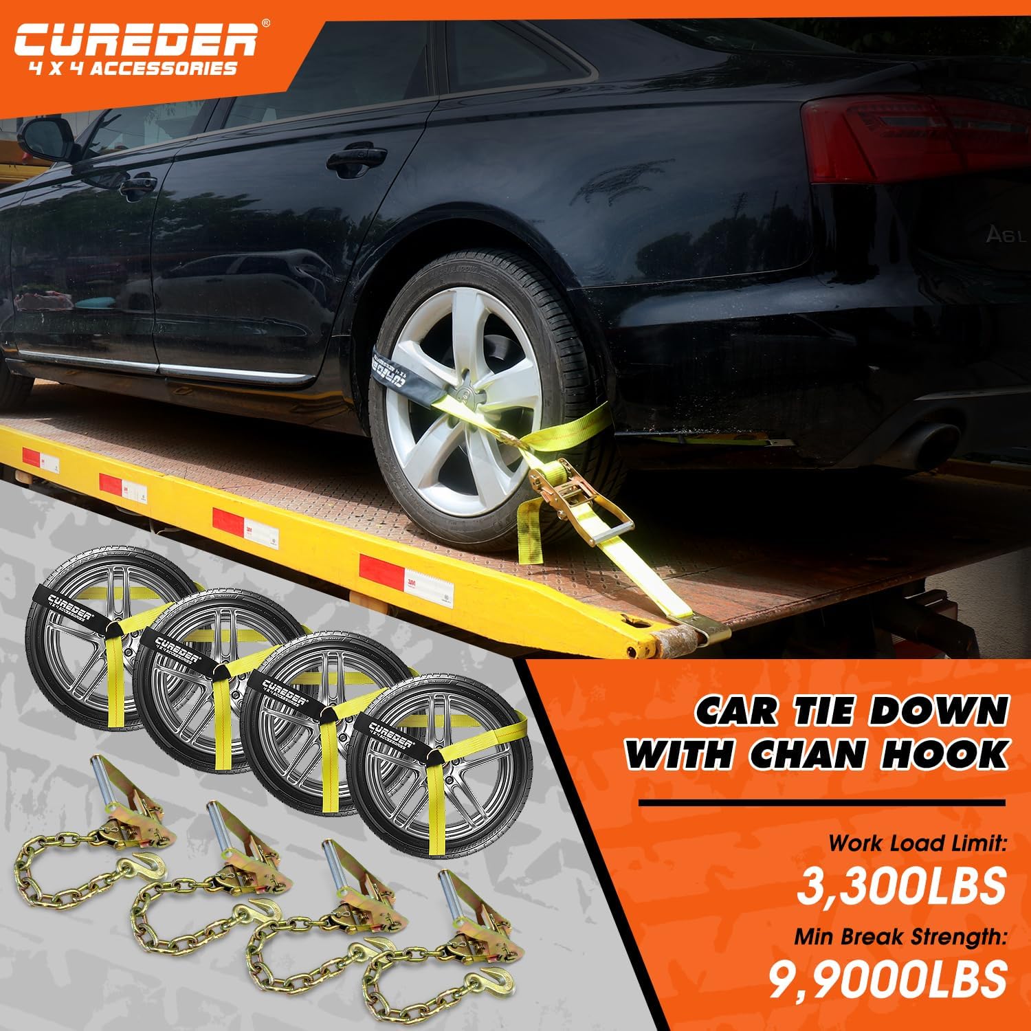 Cureder Car Tie Down Straps for Trailers with Heavy Duty Chain Anchors (4 PK) - 2 Inch x 10 Feet - 3,300 lbs Safe Working Load, Wheel Straps for Hauling Cars,Tire Straps for a Car Trailer