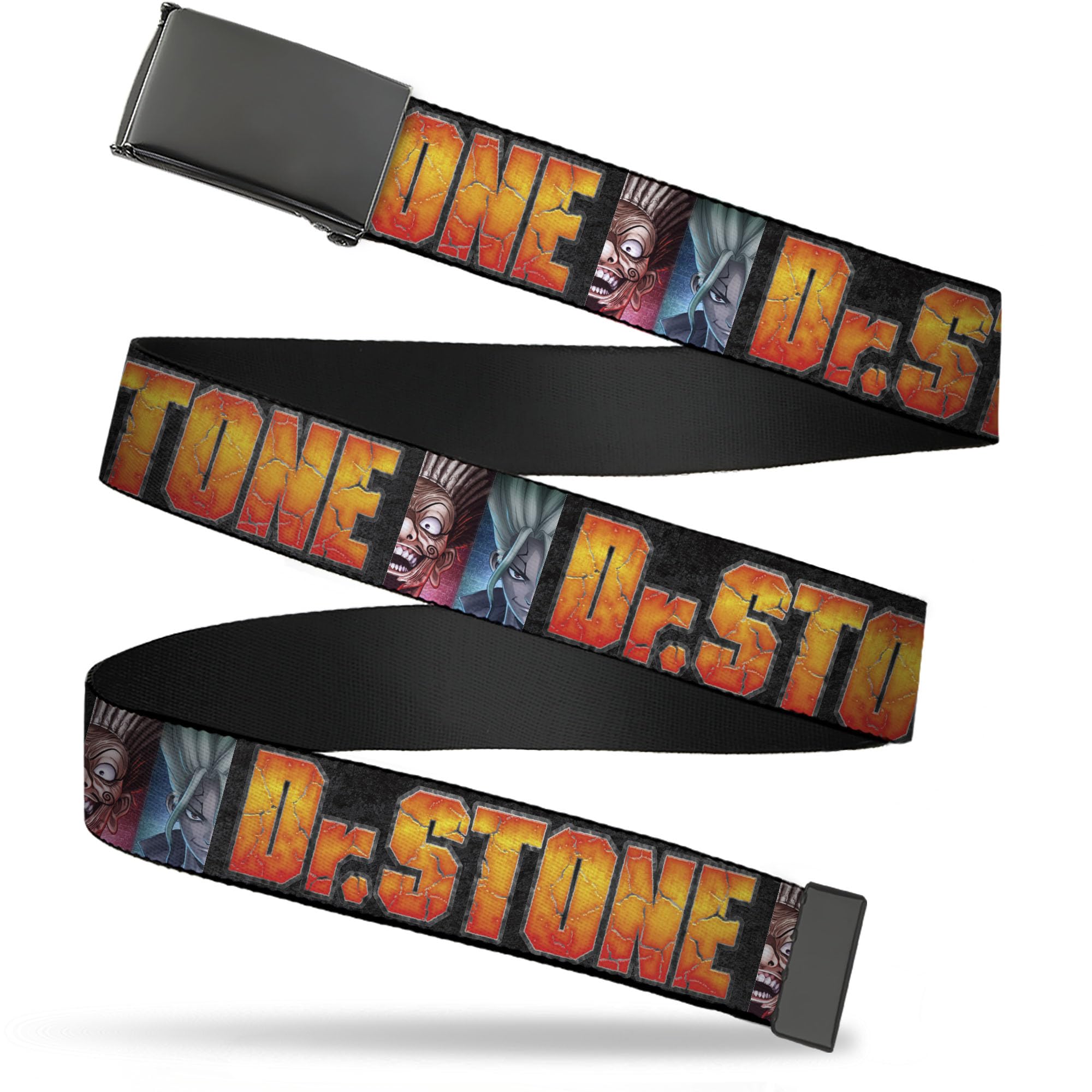 Buckle-Down Dr. Stone Belt, Flip Web Belt Dr Stone Title Logo and Ibarra Suika Split Black