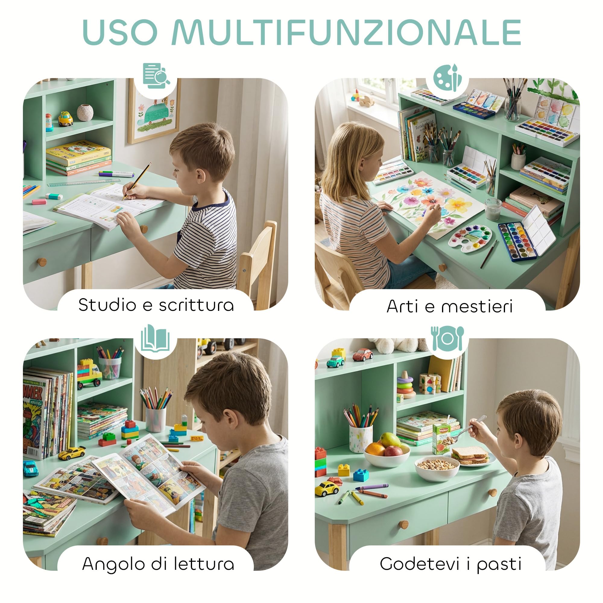 AIYAPLAY Scrivania per Bambini con 3 Scomparti e 2 Cassetti, Scrivania in Legno con Spazi per Libri e Giochi, Banco Scuola per Studio e Disegno per Bambini 5-12 Anni, Verde
