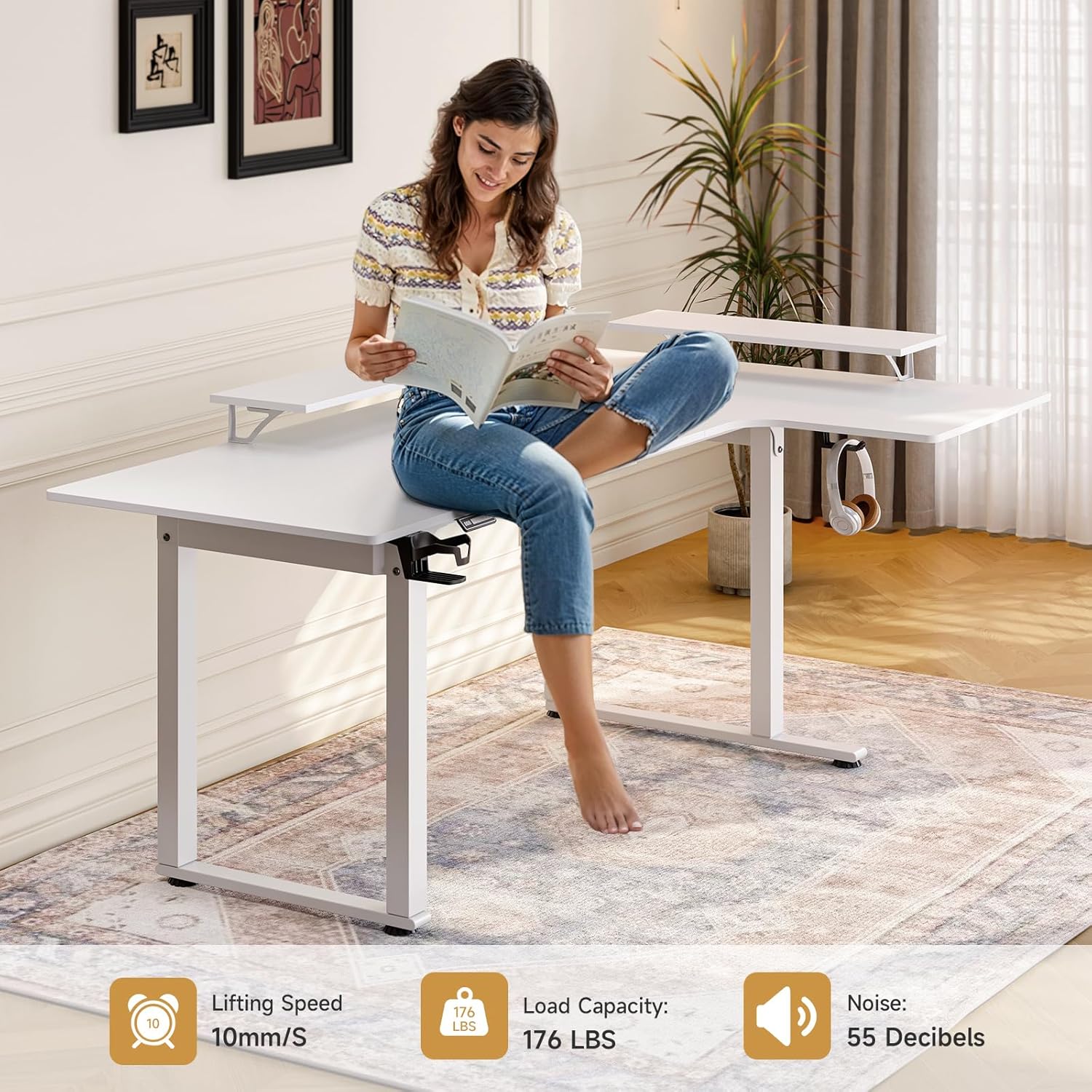 L Shaped Electric Standing Desk, 71x43'' Computer Desks with 2 Monitor Shelves, Dual Motor and Memory Controller, Gaming Corner Desk Adjustable Height from 28-46'' for Home Office Workstation, White - Image 6