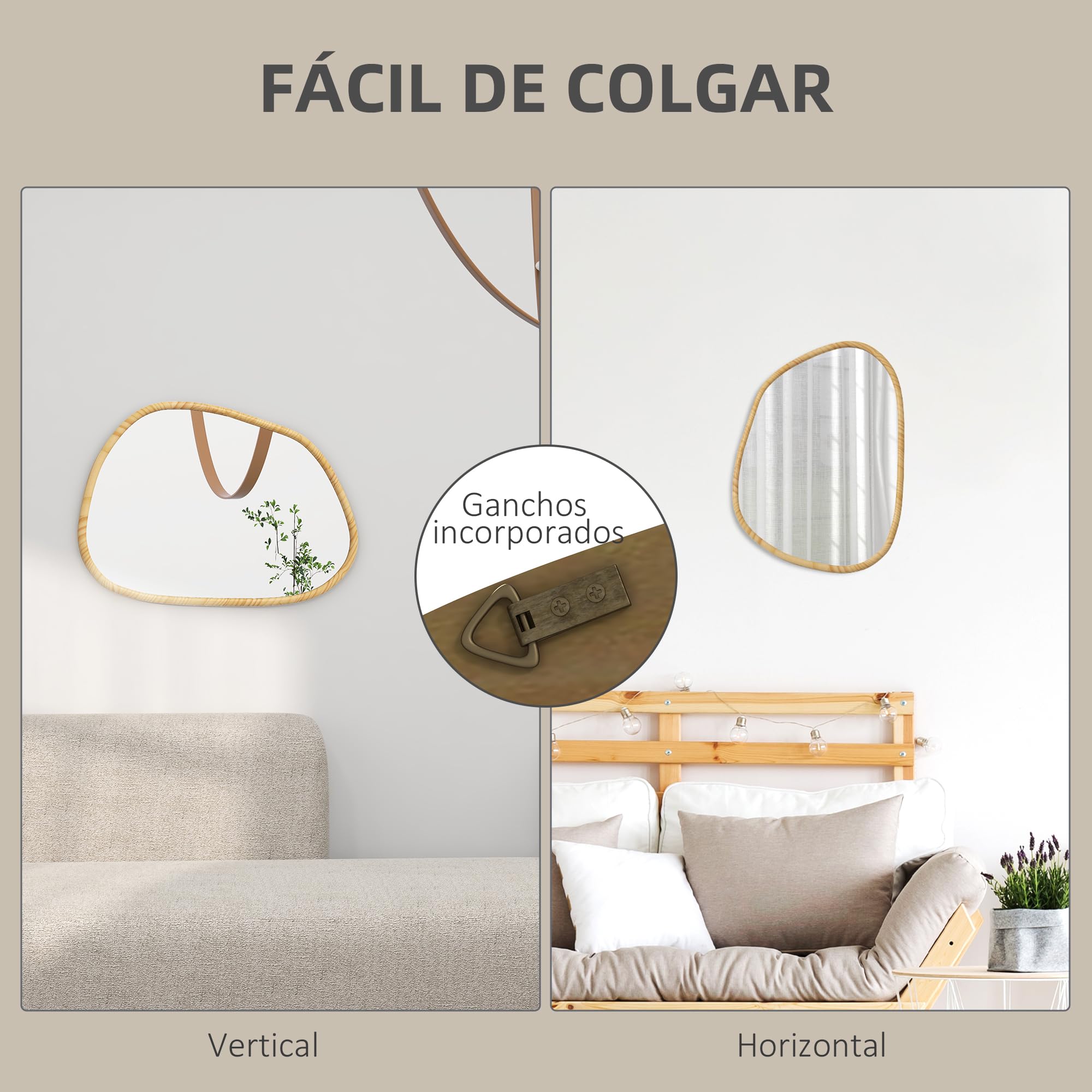 HOMCOM Espejo de Pared Decorativo 70x50 cm Espejo de Baño con Forma Irregular y Marco de Madera para Salón Entrada Pasillo Horizontal o Vertical Natural