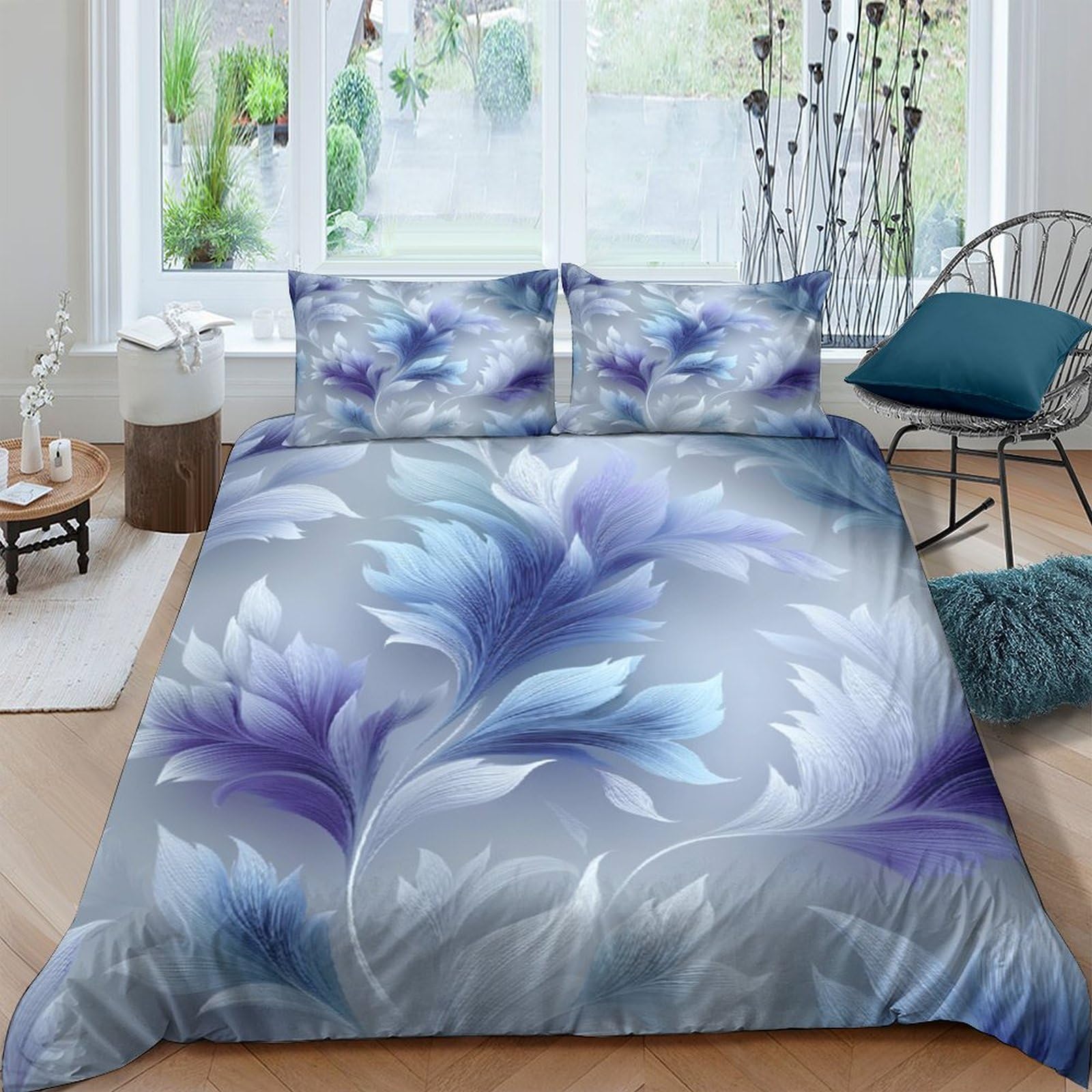 Ctjqhvkz Style-7 3D Printed Blue Feather Fitted Sheet Microfiber Soft Decorative Purple Leaf Mattress Cover For Bedroom Guest Room Single（135X200cm）