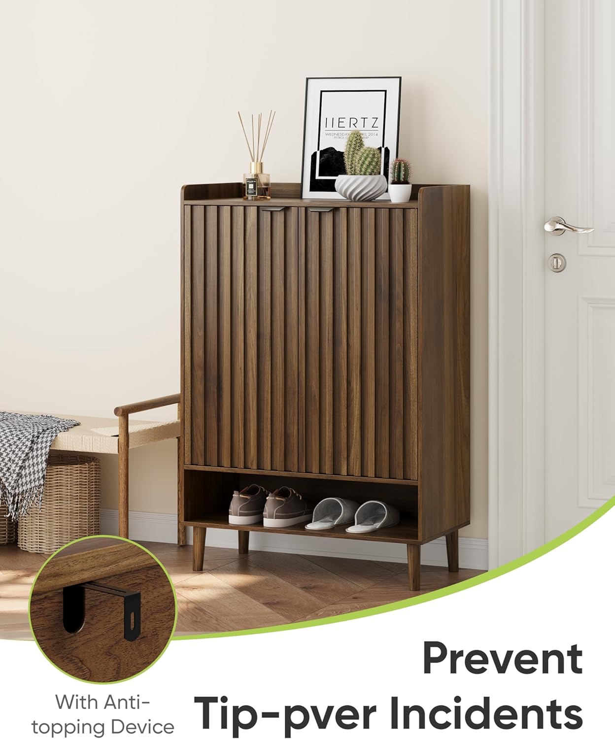 Smart FENDEE shoe cabinet in an entryway with an anti-tipping device shown in detail.