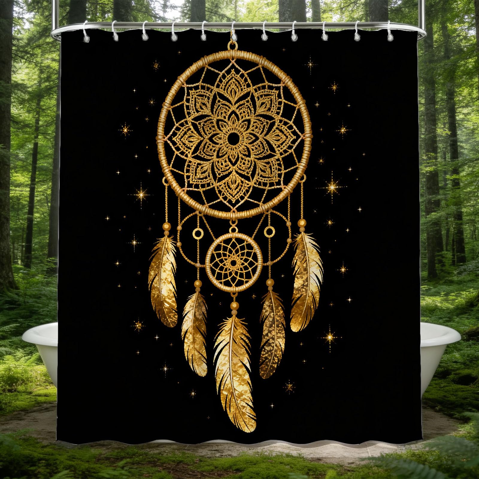 Hongduo 3D Golden Dreamcatcher Shower Curtain for Stalls Bathtubs Dreamy Bathroom Decor Shower Curtain Set Polyester Fabric Waterproof 180x200cm/71X79 Inch with Hooks