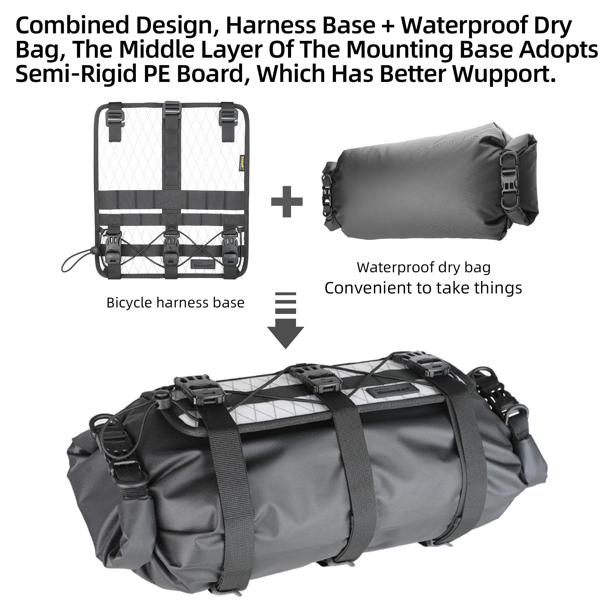 Rhinowalk Fahrradlenkertasche Wasserdicht 8–13L, Rolltasche mit Schultergurt, Leichte Fronttasche für MTB Rennrad Pendeln Radfahren, Schwarz