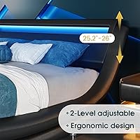 Vista 4 de WEEWAY Moderno marco de cama matrimonial con cabecera de luces LED RGBW, diseño de trineo tapizado de perfil bajo, soporte de listones de madera