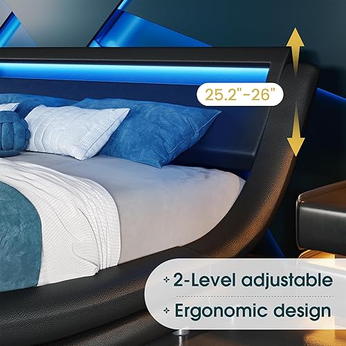 Miniatura 4 de WEEWAY Base de cama moderna tamaño Queen con cabecera de luces LED RGBW, diseño de trineo tapizado de perfil bajo, soporte de listones de madera