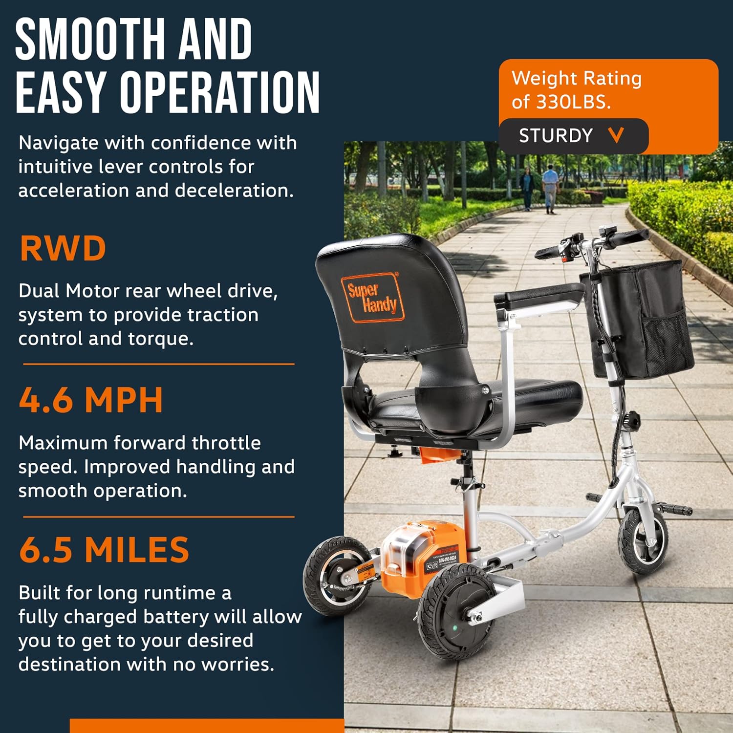 SuperHandy 3 Wheel Folding Mobility Scooter (Upgraded Design) - Electric Powered, Airline Friendly - Long Range Travel w/ 2 Detachable 48V Lithium-ion Batteries and Charger : Health & Household