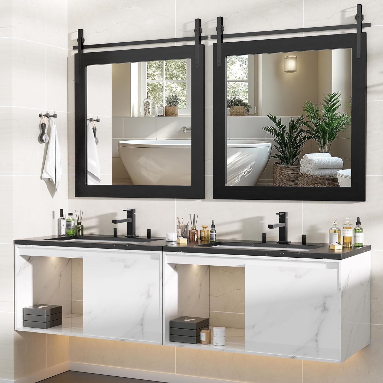 Hasipu Farmhouse Bathroom Mirror, 31"x31" Rustic Wood Framed Wall Mounted Mirror, Black Vintage Vanity Mirror Barn Door Style Decrative Mirrors