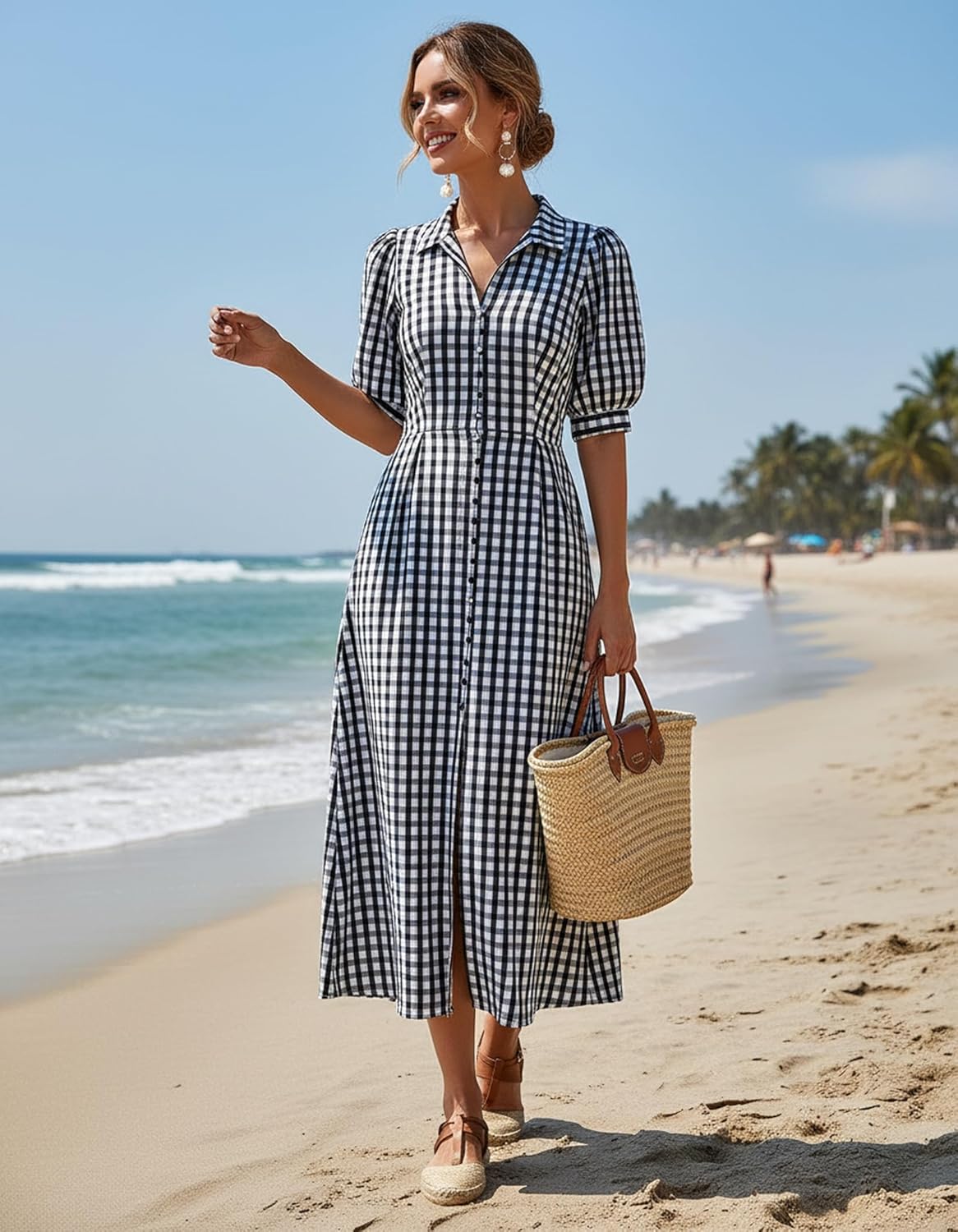 Gingham Summer Dresses for Women 2026 Slit Hemline Trendy Puff Sleeve Button Down Midi Dress - Image 2