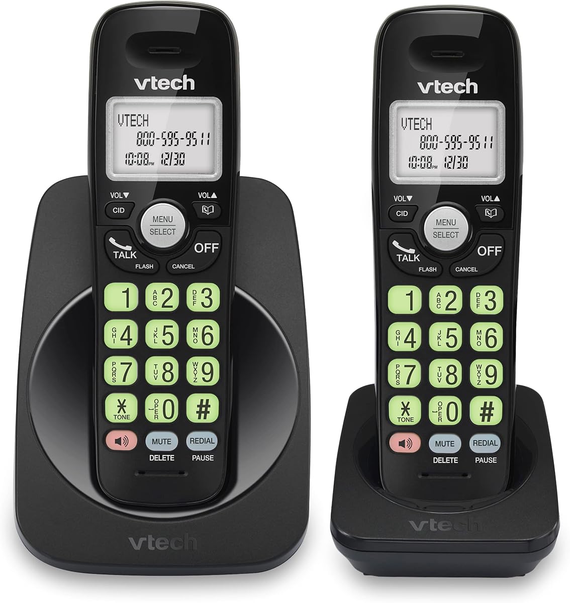 Teléfono inalámbrico de 2 auriculares VTech con DECT 6.0, altavoz Full-Duplex, pantalla iluminada, teclado retroiluminado, identificador de llamadas/llamada en espera, control de volumen, audífono compatible, montaje en pared | VG131-21 (negro)