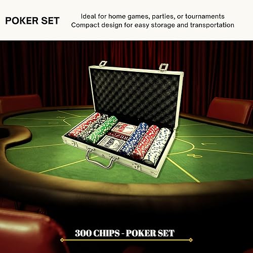 Miniatura 8 de Tradeopia Juego de póquer de 300 piezas premium con funda de transporte de aluminio, incluye fichas de póquer, 1 ficha de distribuidor, 2 barajas de
