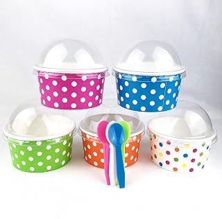 Worlds Paper Ice Cream Cups With Dome Lids No Hole And Plastic Spoons,Polka Dot 6oz Mix 25 Set