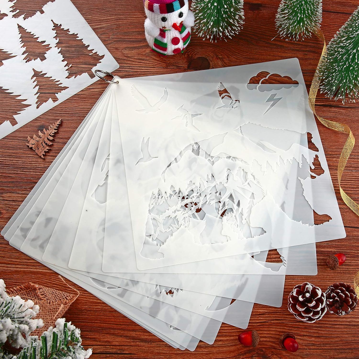 9 Pieces Forest Bear Claw Stencil Kit Winter Porch Stencil Animal Reusable Mylar Template Stencils with Metal Open Ring for Painting on Wood Wall Home Decor
