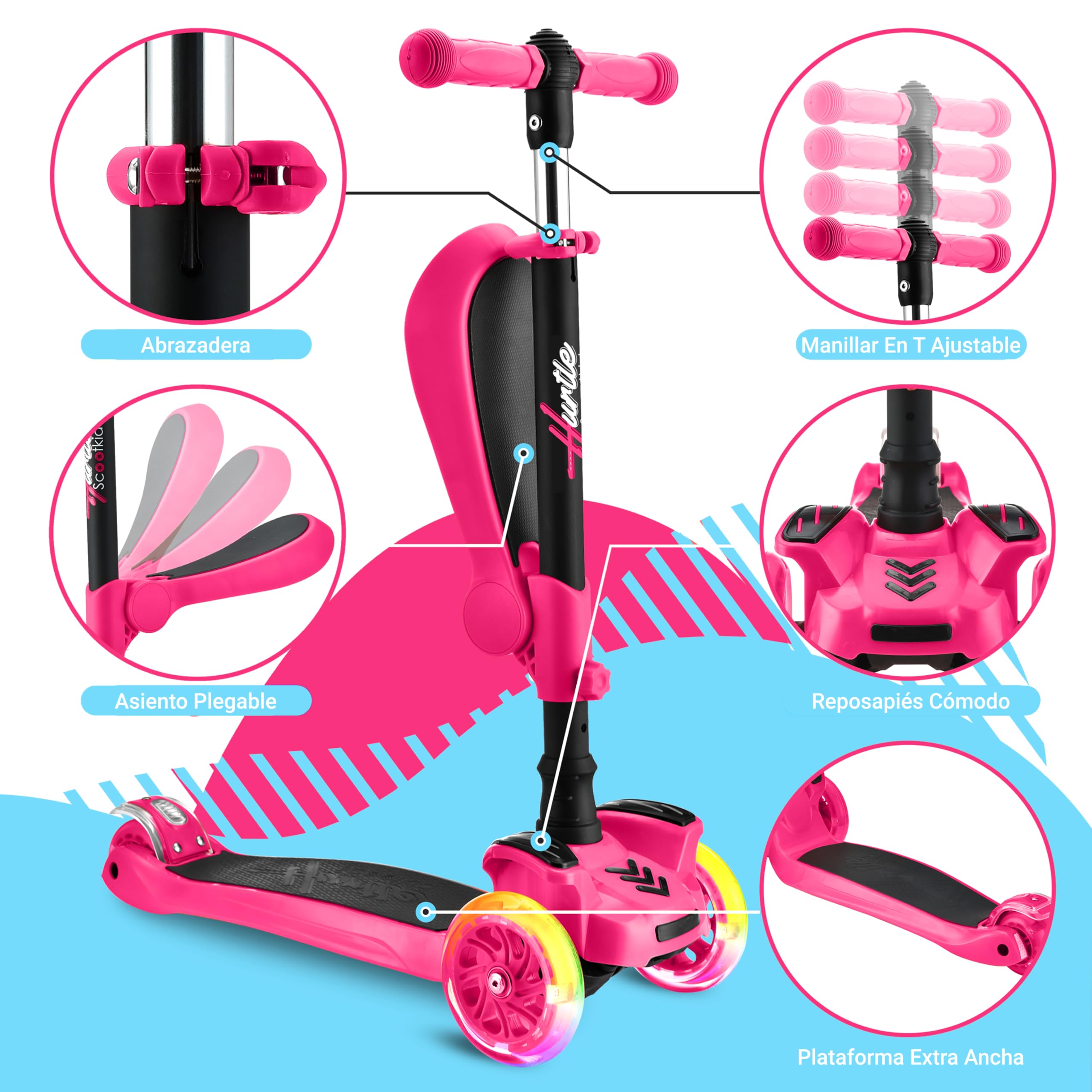 Hurtle Patinete, Scooter para niños, 2 años en adelante, Asiento abatible, Altura Ajustable, Monopatin 2 en 1, Luces Intermitentes