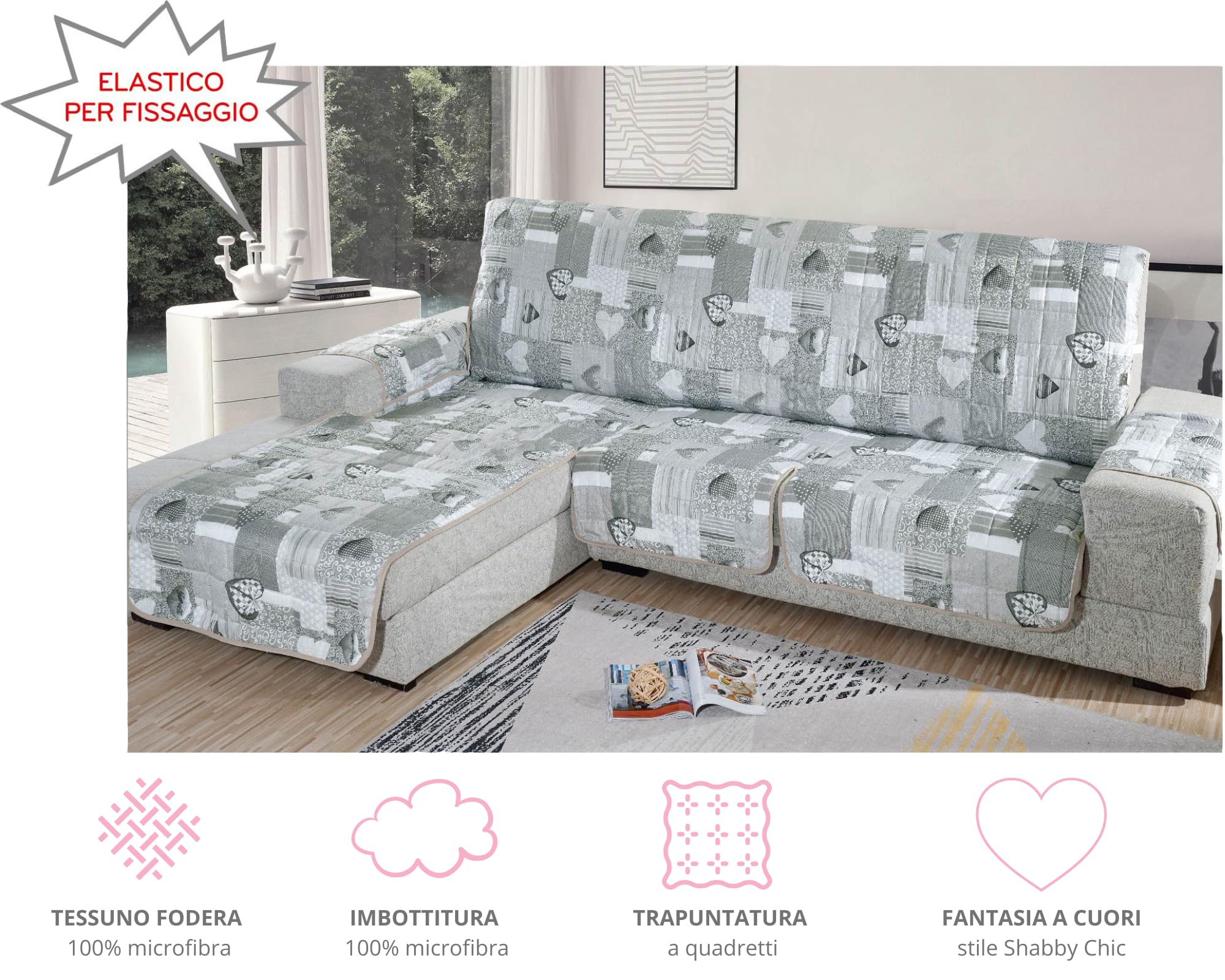 Tata Home Copridivano con Penisola Angolare Reversibile Universale Fantasia a Cuori Misura 3 Posti in Tessuto Trapuntato Imbottito Fronte e Retro Colore Grigio