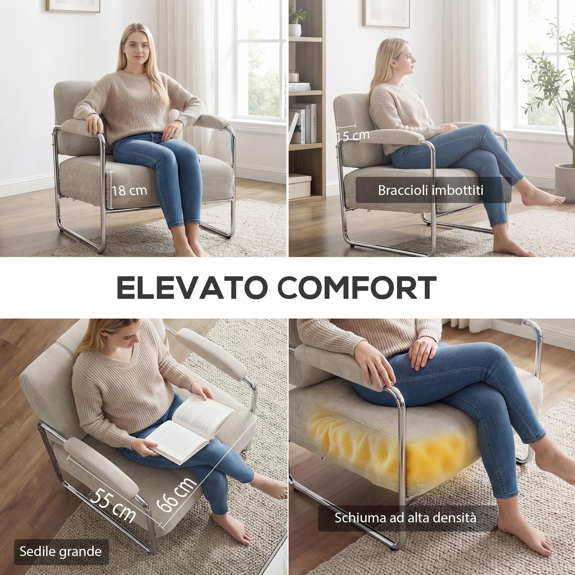 HOMCOM Poltrona Salotto Imbottito in Ciniglia con Doppie Cuciture, Poltroncina Camera da Letto Moderno con Braccioli e Gambe in Acciaio, per Soggiorno, Ufficio e Camera da Letto, 76x75x76 cm, Beige