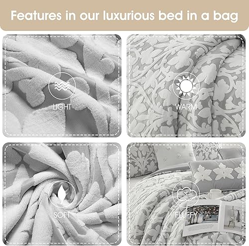 Miniatura 7 de Grand Avenue Juego de edredón de 7 piezas, color blanco y gris, juego de ropa de cama jacquard tamaño King, ropa de cama de hojas florales para