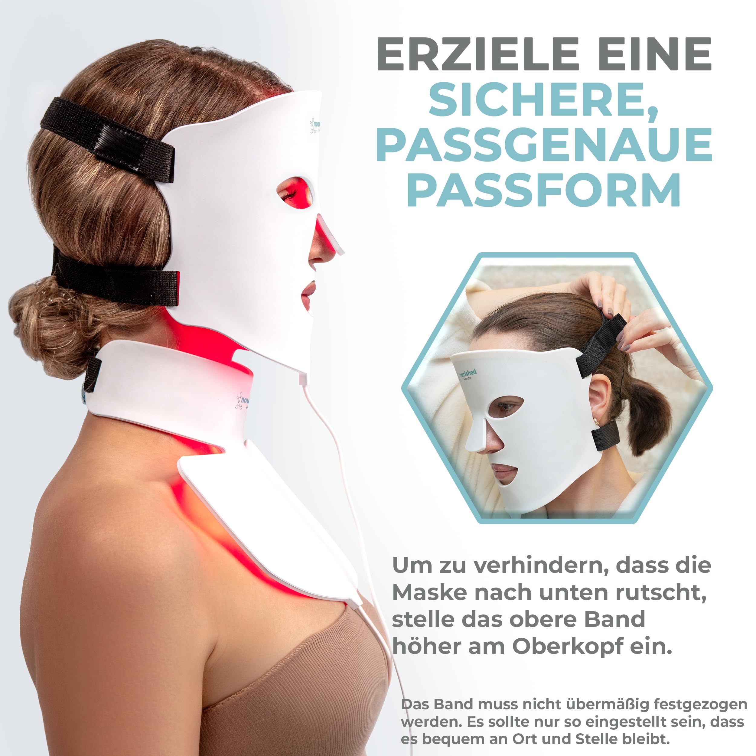 Nourished Bodynskin LED Lichttherapie Gesichts- & Halsmaske - Gesichtspflegegerät - 7 Farben Rot & Blau - Verjüngung, Anti-Aging-Produkt gegen Falten