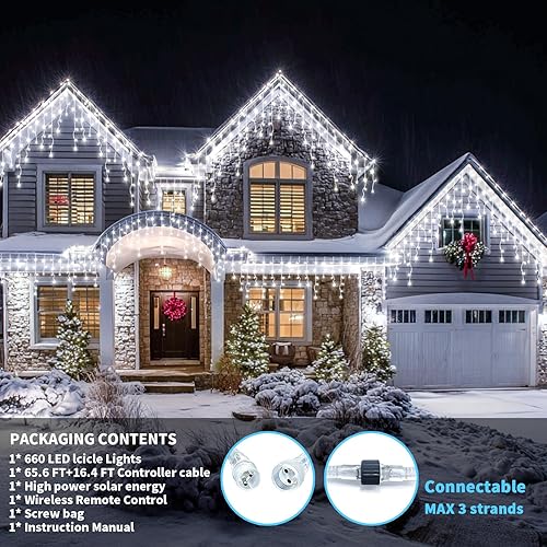 Miniatura 8 de Luces de carámbano alimentadas por energía solar para exteriores, 600 luces LED de 82 pies con control remoto, 8 modos, temporizador, IP65