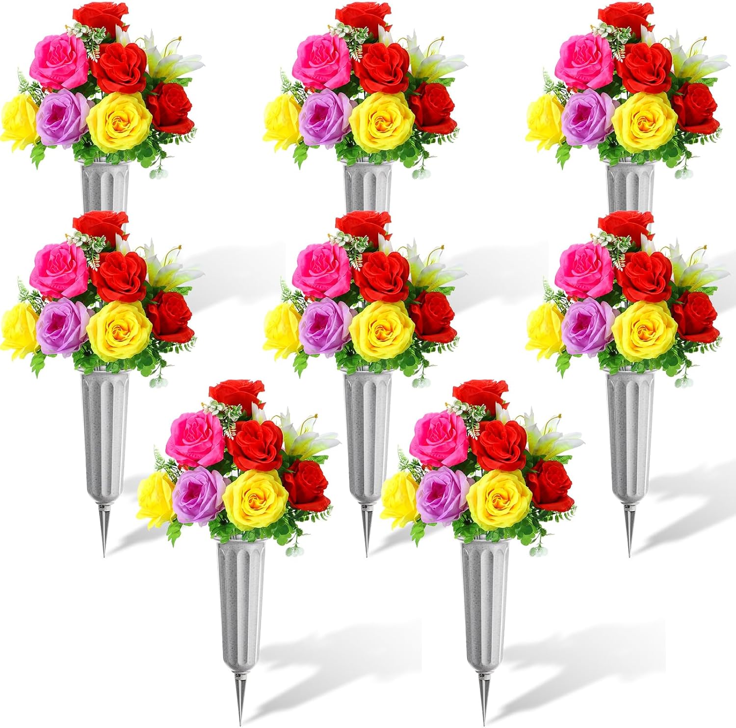 Tigeen 4 Sets Memorial Day Cemetery Flowers with Grave Vase Artificial Memorial Flower Bouquets Red Pink Yellow Silk Carnation Spring Floral Arrangement for Gravesites Headstone Outdoor Decor