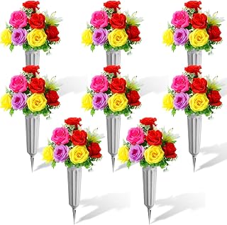 Tigeen 8 Sets Cemetery Flowers with Grave Vase, Red Pink Yellow Rose Lily