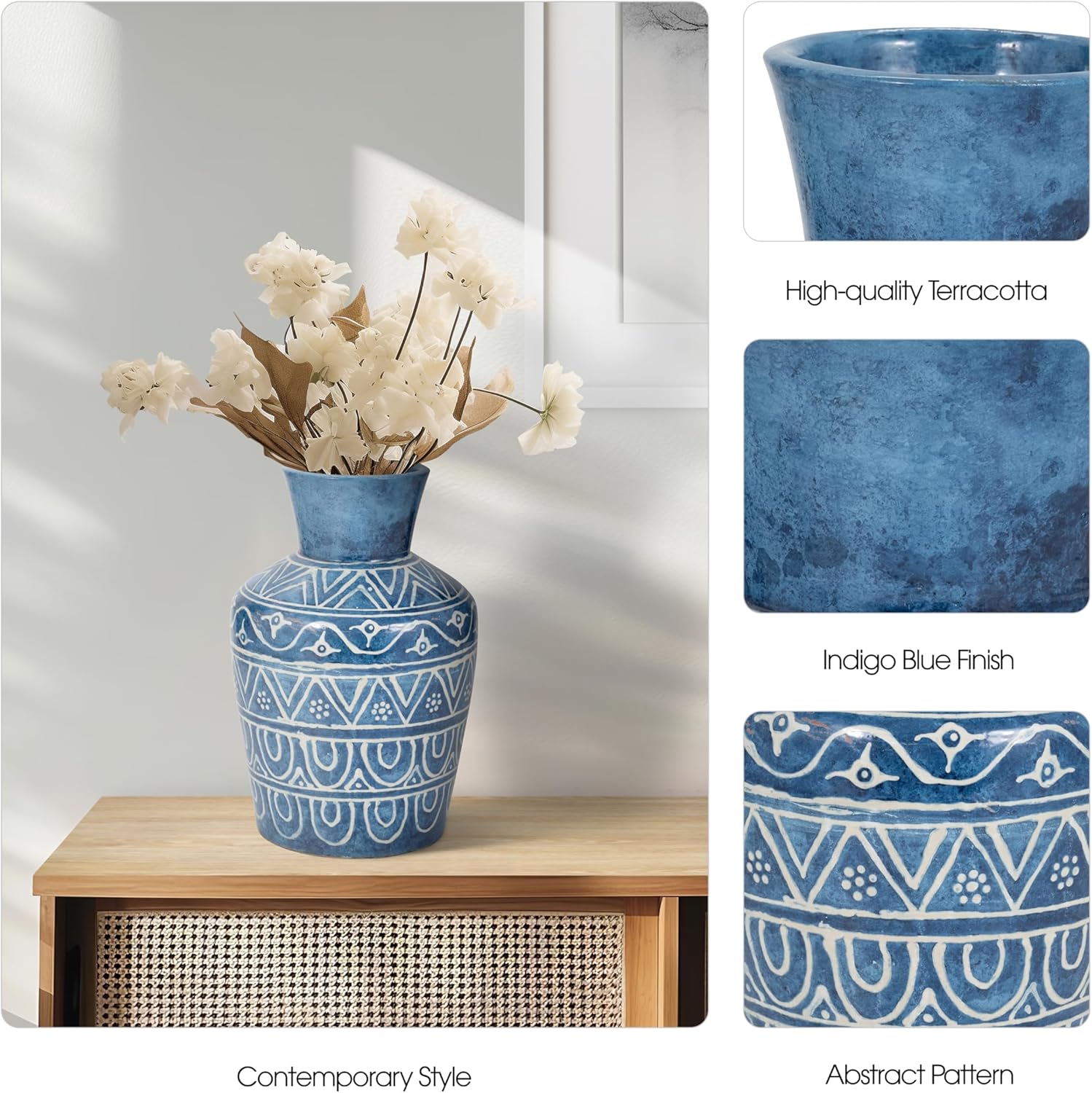 Sagebrook Home Terracotta Decorative Vase - Handcrafted Pottery with Geometric Pattern - Ceramic Home Accent for Living Room, Bedroom, Office - Rustic Boho Style - 12" Blue