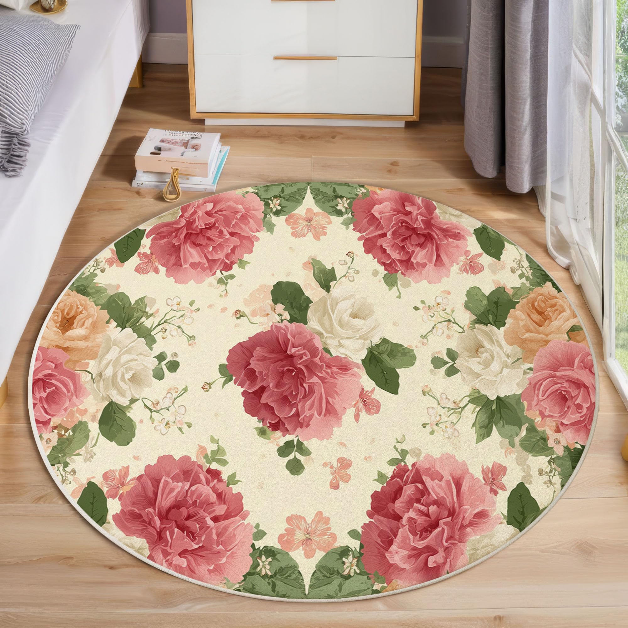 Tapis Rond Imprimé Rose Et Pivoine, Fleurs du Jardintapis Rond De Foyer D'Entrée Lavable Antidérapant pour Salon Chambre Cuisine Balcon Bureau (120Cm, Poudre Blush)