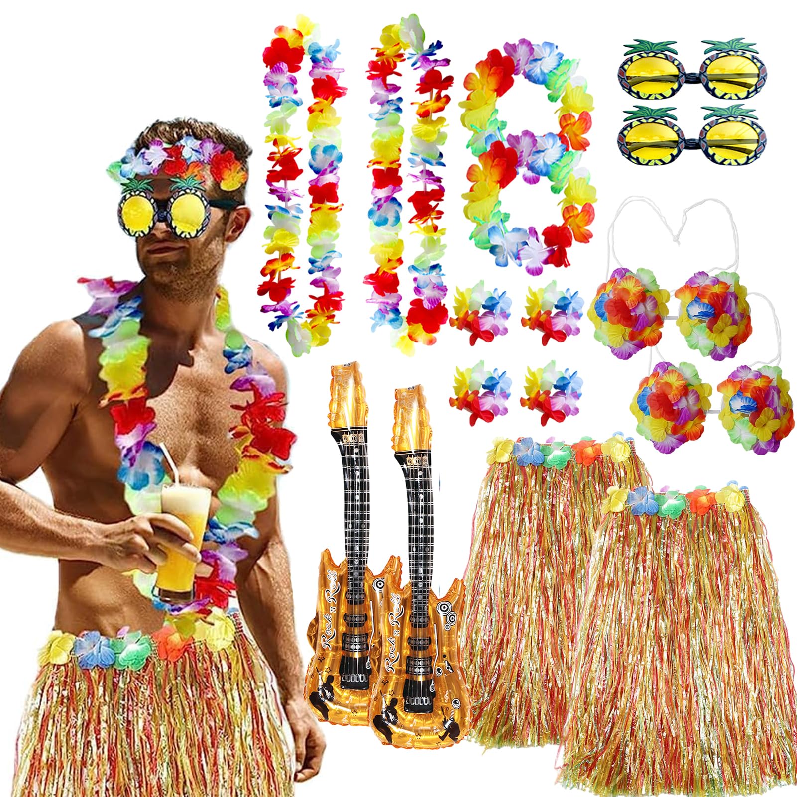 Amycute Hawaiian Grass Hula Skirts Sets with Flower Headband Hawaii Leis Wristband Bra Pineapple Sunglasses for Women Girls Adult Summer Beach Tropical Party Decorations Fancy Dress Costume