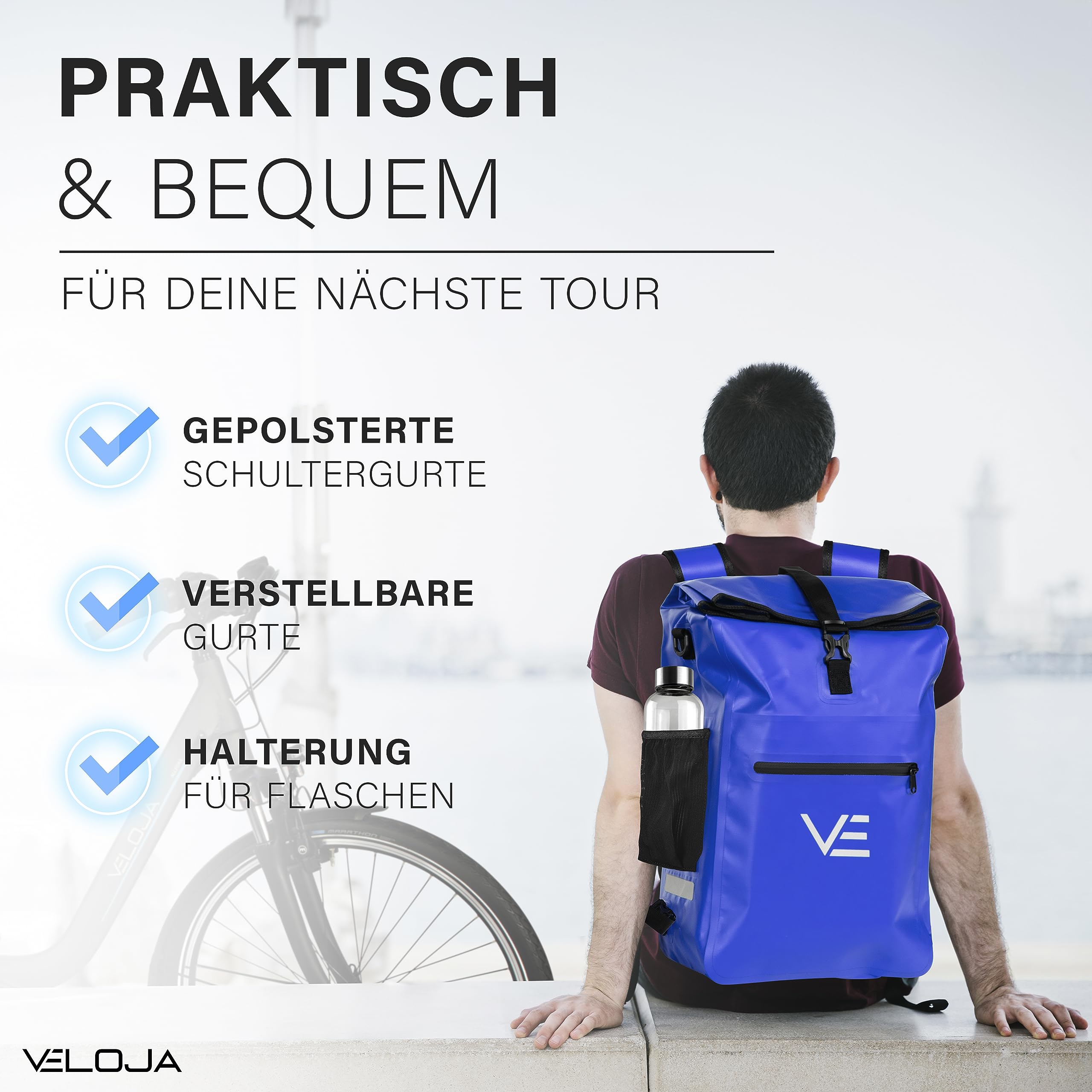 VELOJA Bicycle Bag with Backpack Function, Waterproof, 3-in-1 Bicycle Bag for Pannier Rack, Laptop Compartment, Bottle Holder, 4 Colours, Up to 30 Litres Sports & Outdoors