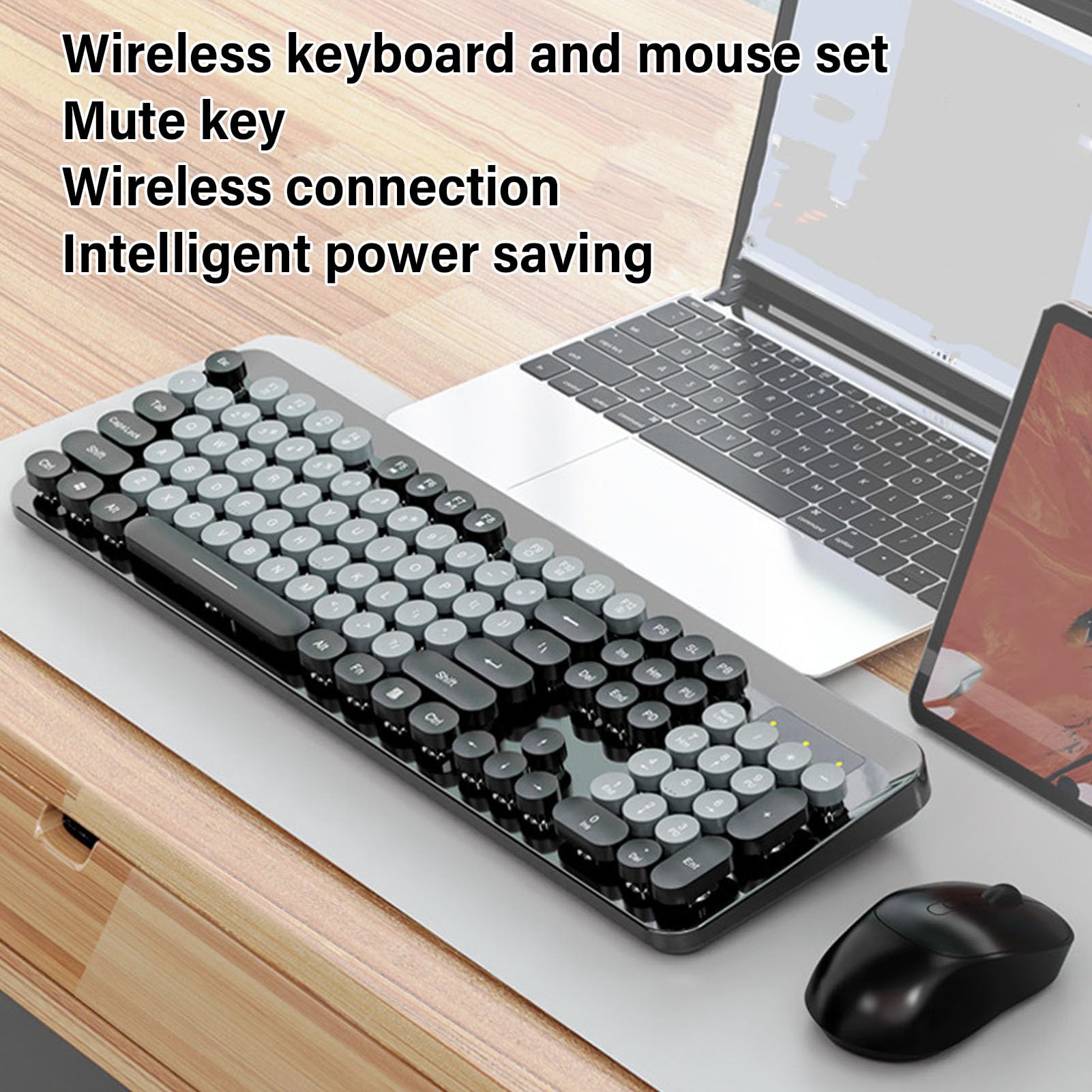 Luocute Combinazione Tastiera e Mouse Wireless, 104 Tasti in Stile retrò Carino Macchina da Scrivere con Tastierino Numerico e Mouse Silenzioso, per PC Portatile Desktop (BLACK)