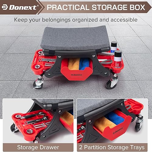 Miniatura 4 de Donext Taburete mecánico de 330 libras con ruedas, asiento rodante resistente, asiento mecánico con tres bandejas de herramientas deslizantes y