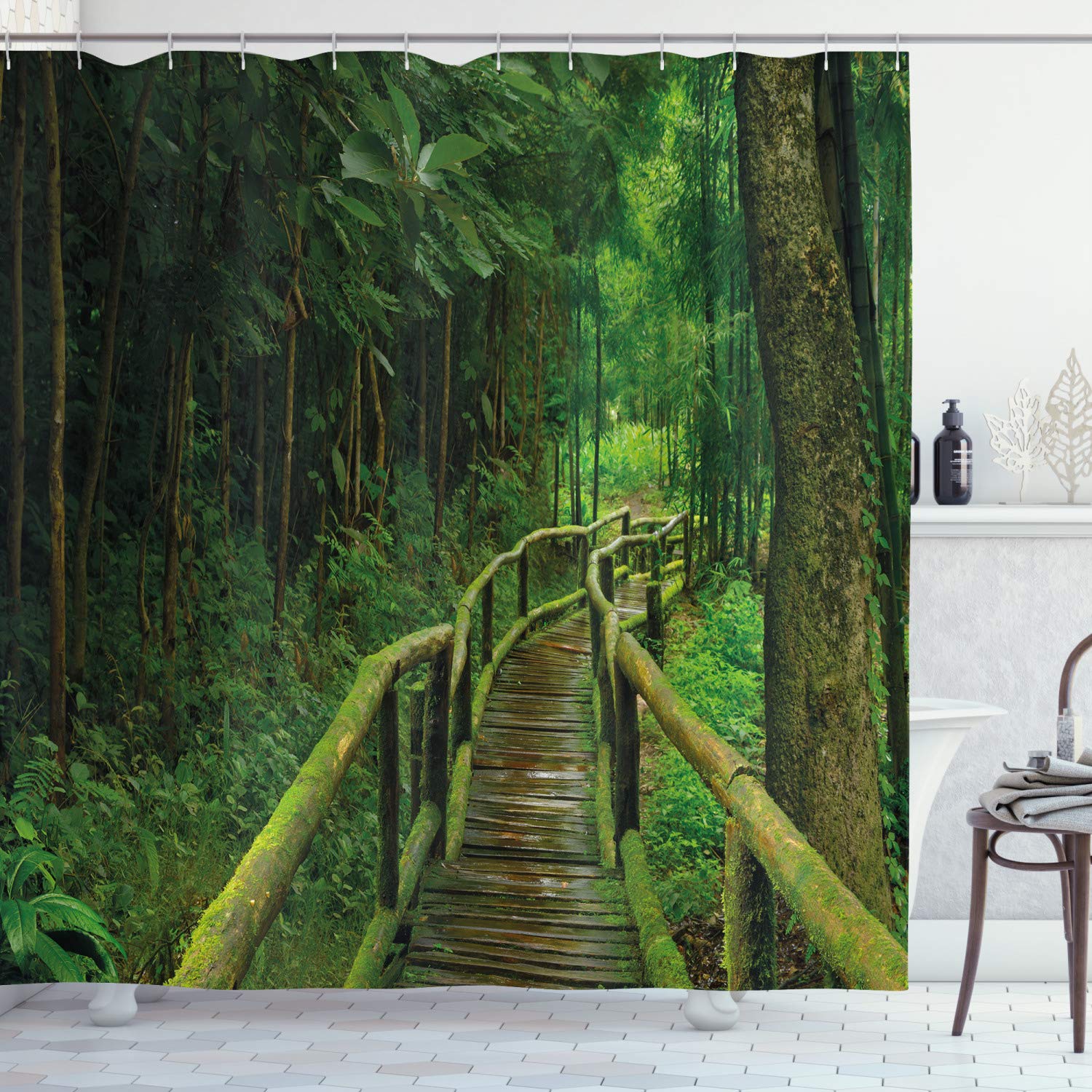 ABAKUHAUS Jungle Shower Curtain, Rainforest in Thailand Foliage Greenery Wooden Pathway Trekking Primeval, Cloth Fabric Bathroom Decor Set with Hooks, 70 Inches, Green Brown โ image 1